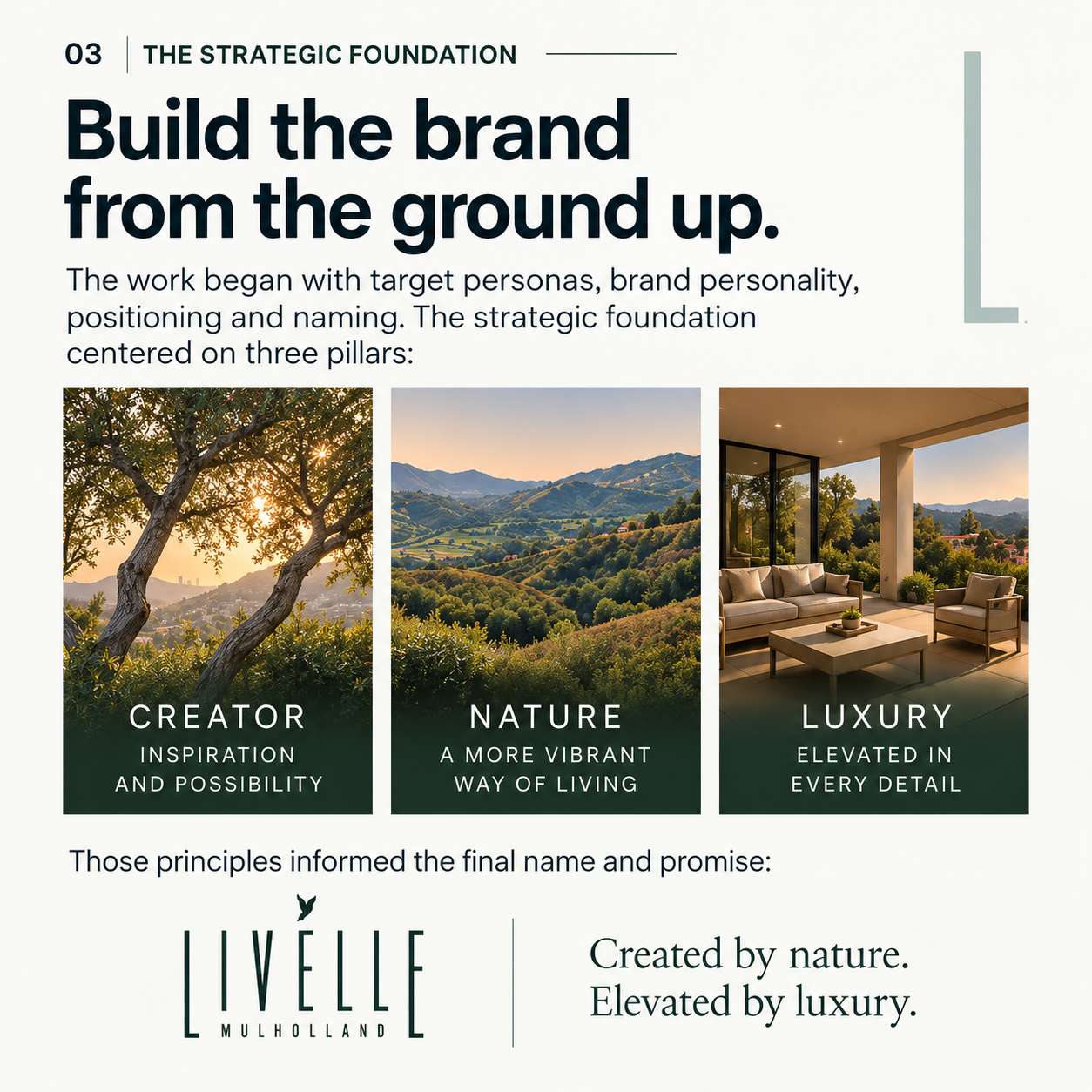 Livelle brand strategy case example showing the Creator, Nature and Luxury pillars that shaped the name, positioning and promise “Created by nature. Elevated by luxury.”