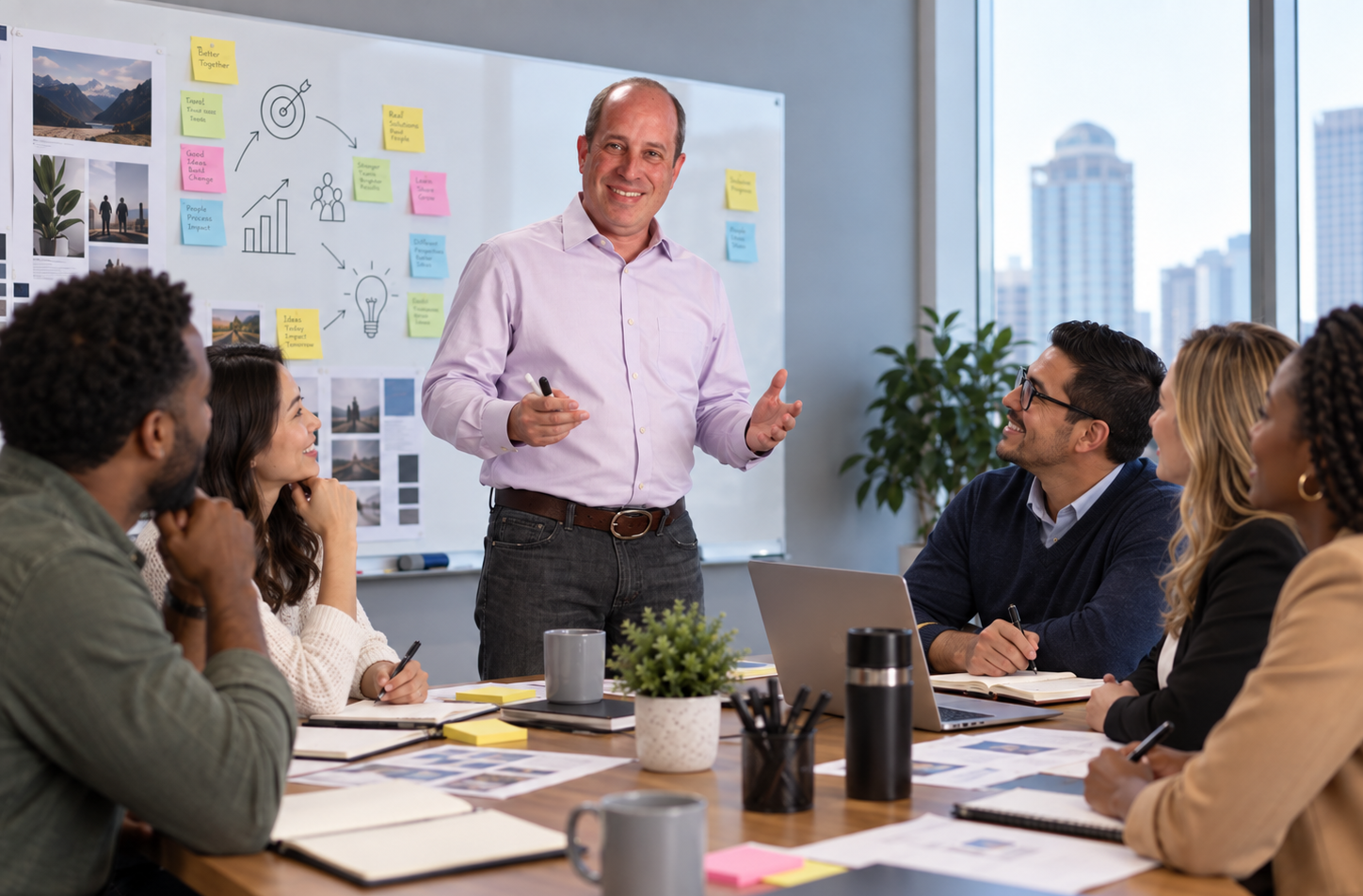 A man in a pink shirt leading a business meeting with five diverse colleagues around a conference table. The colleagues are engaged, some taking notes, with a whiteboard behind the man displaying colorful sticky notes and diagrams. The room has large windows with a city skyline view.