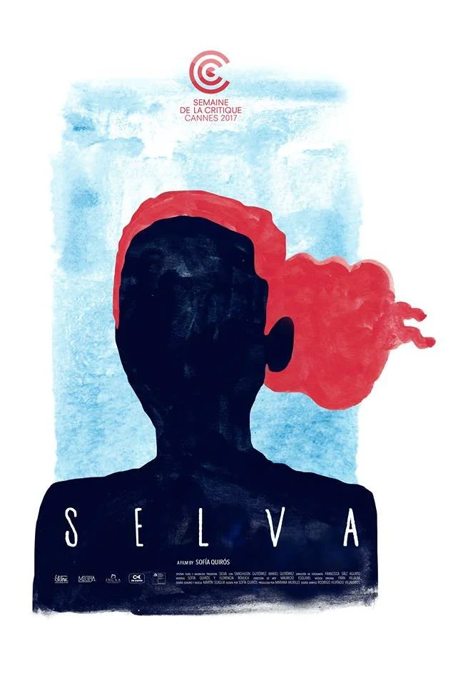 Cartel de la película "Selva" con silueta negra y fondo azul claro y rojo.