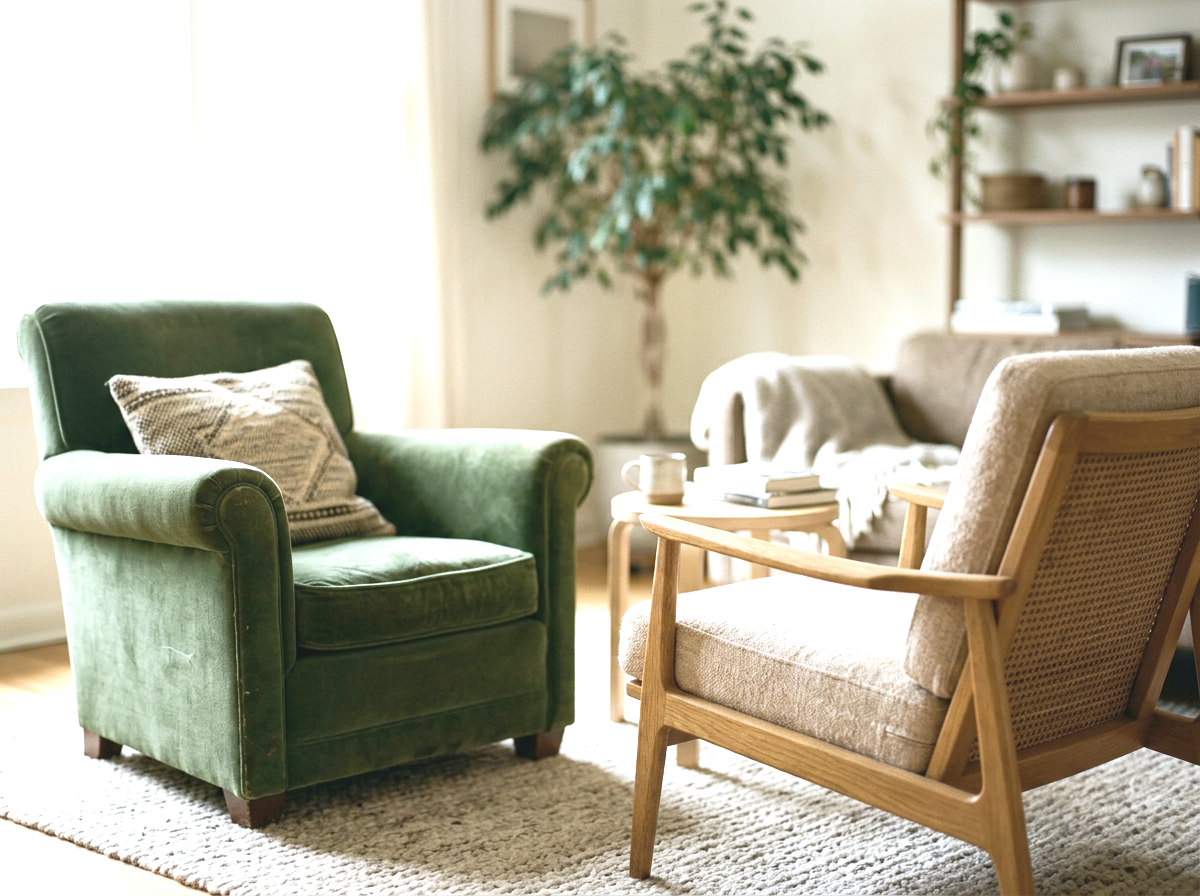 Sala de estar con sillón verde, sillón de madera tapizado en beige, mesa de centro con libros y taza, estantería con objetos decorativos y un árbol en el fondo.