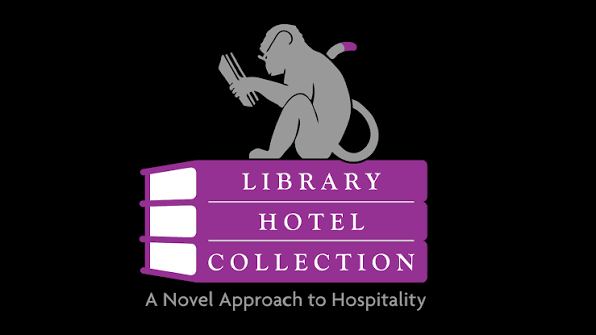 Logo featuring a monkey reading a book sitting on a stack of purple books with the text 'Library Hotel Collection' and the tagline 'A Novel Approach to Hospitality'.