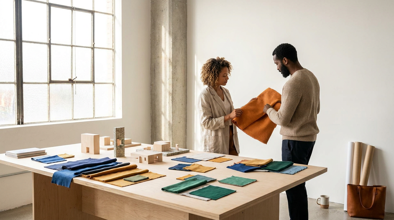 Two people, a woman and a man, look at fabric swatches and samples on a wooden table inside a bright room with large window, tiles, and decorative objects.