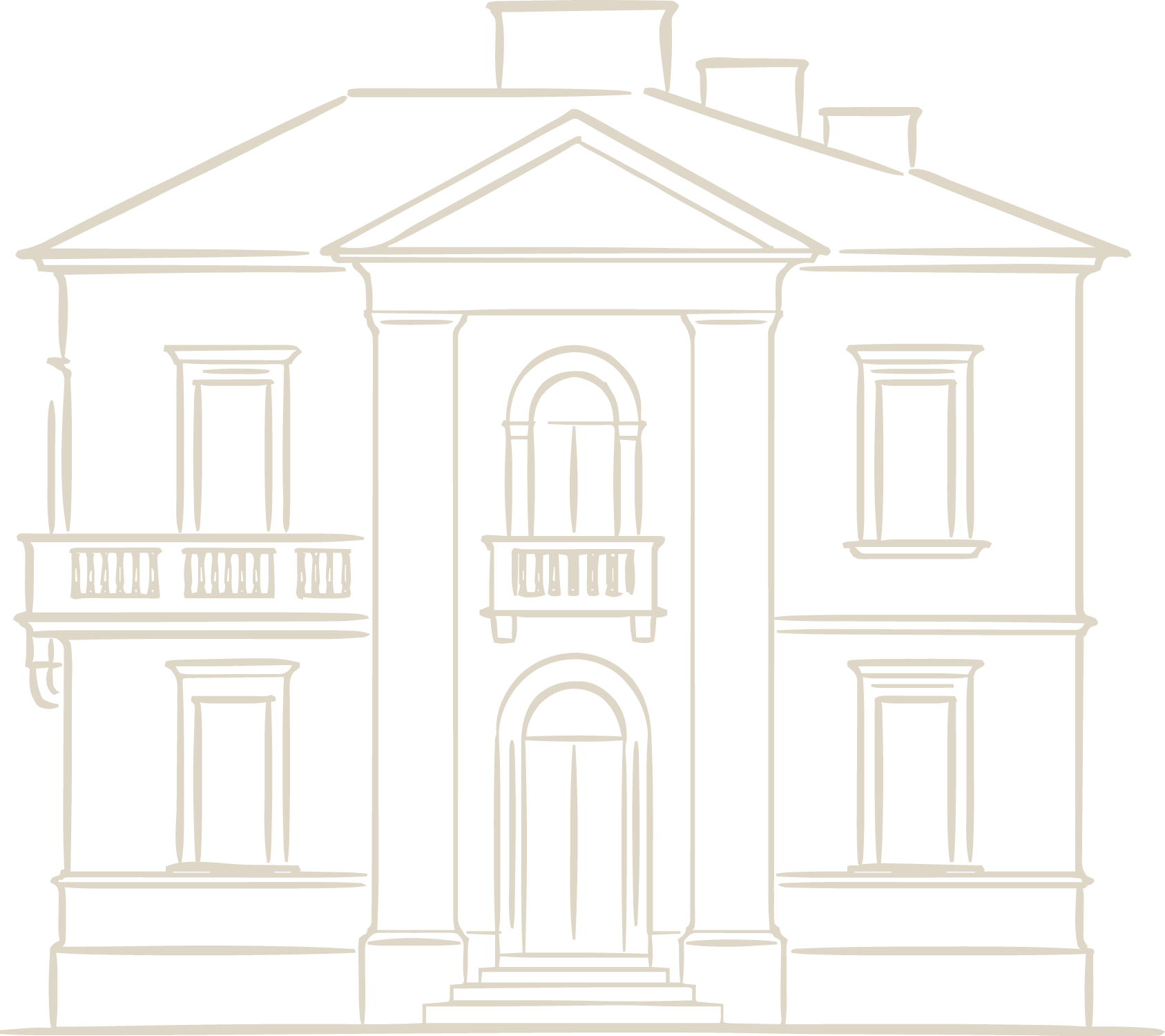 Outline drawing of a three-story house with a central arched entryway, multiple windows, and a front porch with stairs.