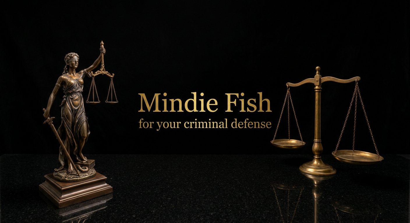 Bronze statue of Lady Justice holding scales in left hand and sword in right hand; pair of gold scales on the right; text in the center reads 'Mindie Fish for your criminal defense'.