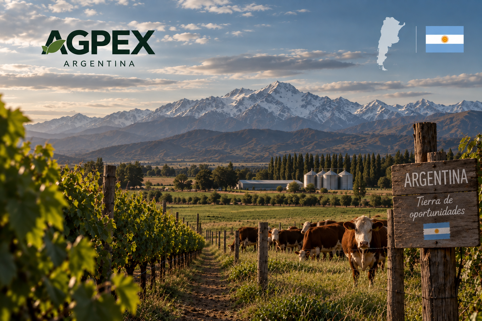Vineyard in Argentina with cows in the foreground, green fields, mountains in the background, and a sign reading 'Argentina Tierra de oportunidades'