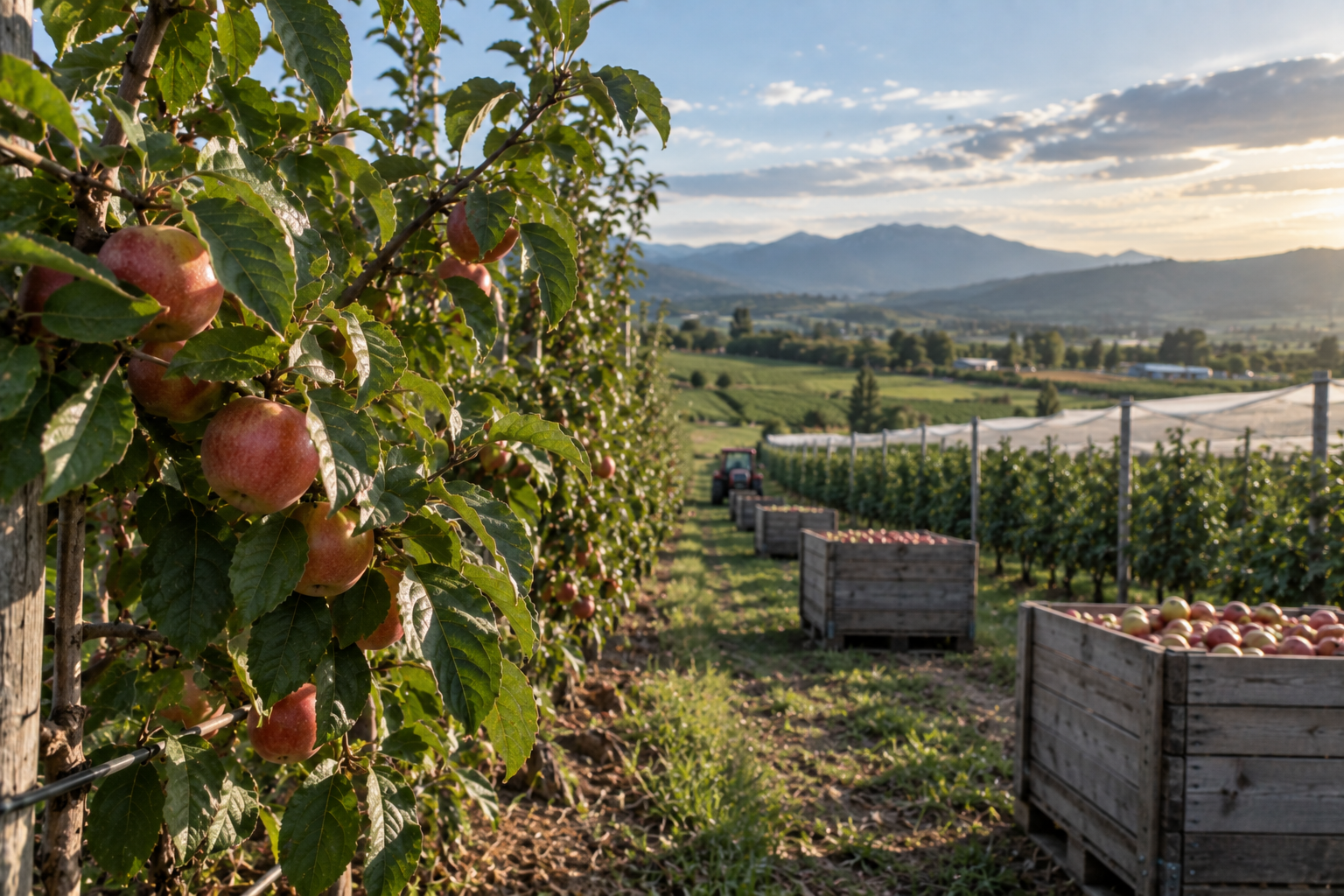 Apple orchard with rows of apple trees, some apples already picked in wooden crates, and a tractor in the distance with mountains and a partly cloudy sky at sunset.