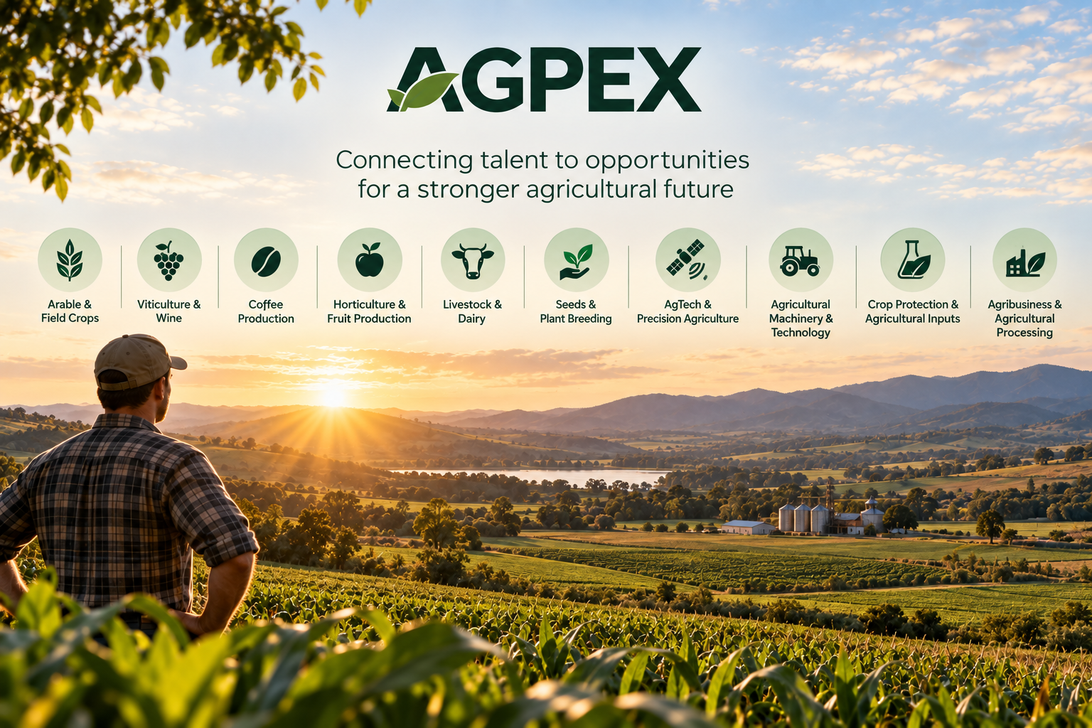 A man looking over a farm landscape at sunset with an overlay of icons and text about agriculture services and opportunities