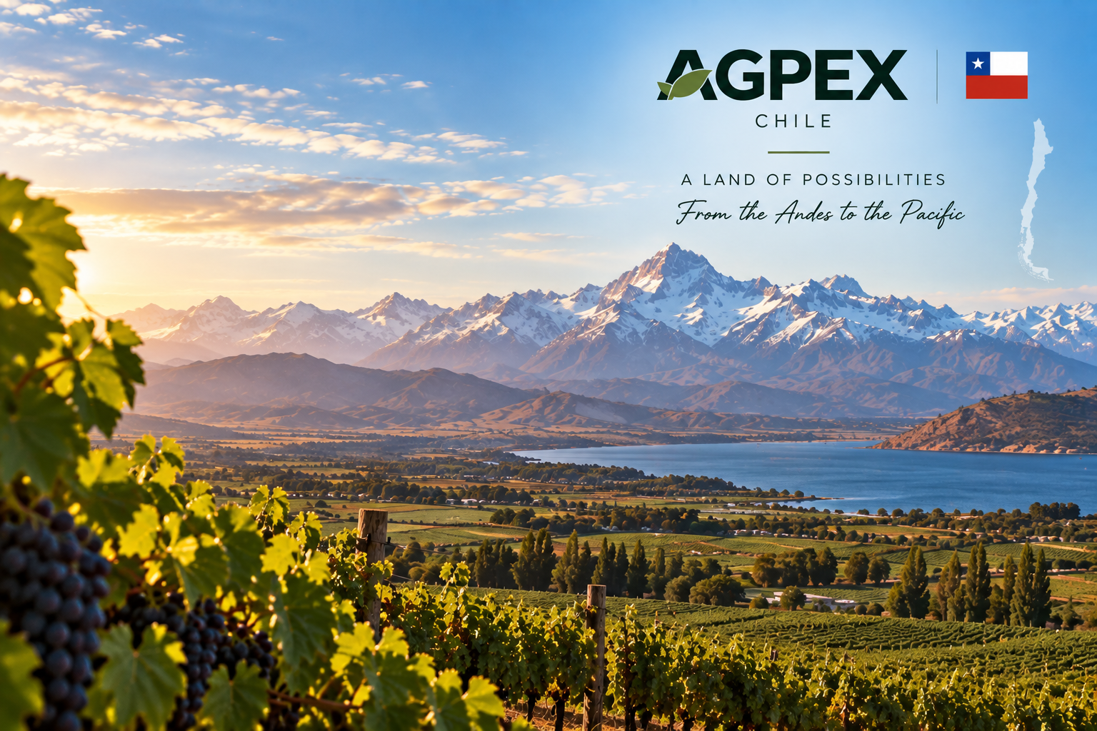 Scenic view of a vineyard with rows of grapevines and bunches of grapes in the foreground, a lake, and snow-capped mountains in the background during sunset. The image includes the logo and branding for AGPEX Chile, with the Chilean flag, and the text "A land of possibilities from the Andes to the Pacific."