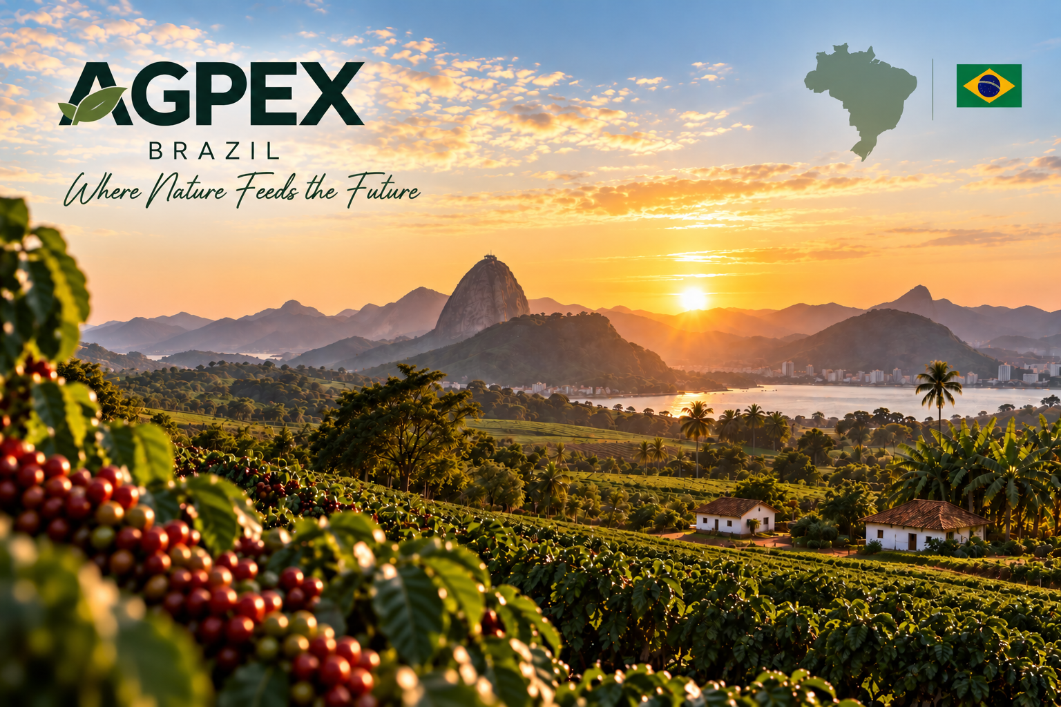 Sunrise over coffee plantations with Sugarloaf Mountain in Rio de Janeiro, Brazil, and an overlay with the AGPEX Brazil logo, map, and flag, along with the text 'Where Nature Feeds the Future'.