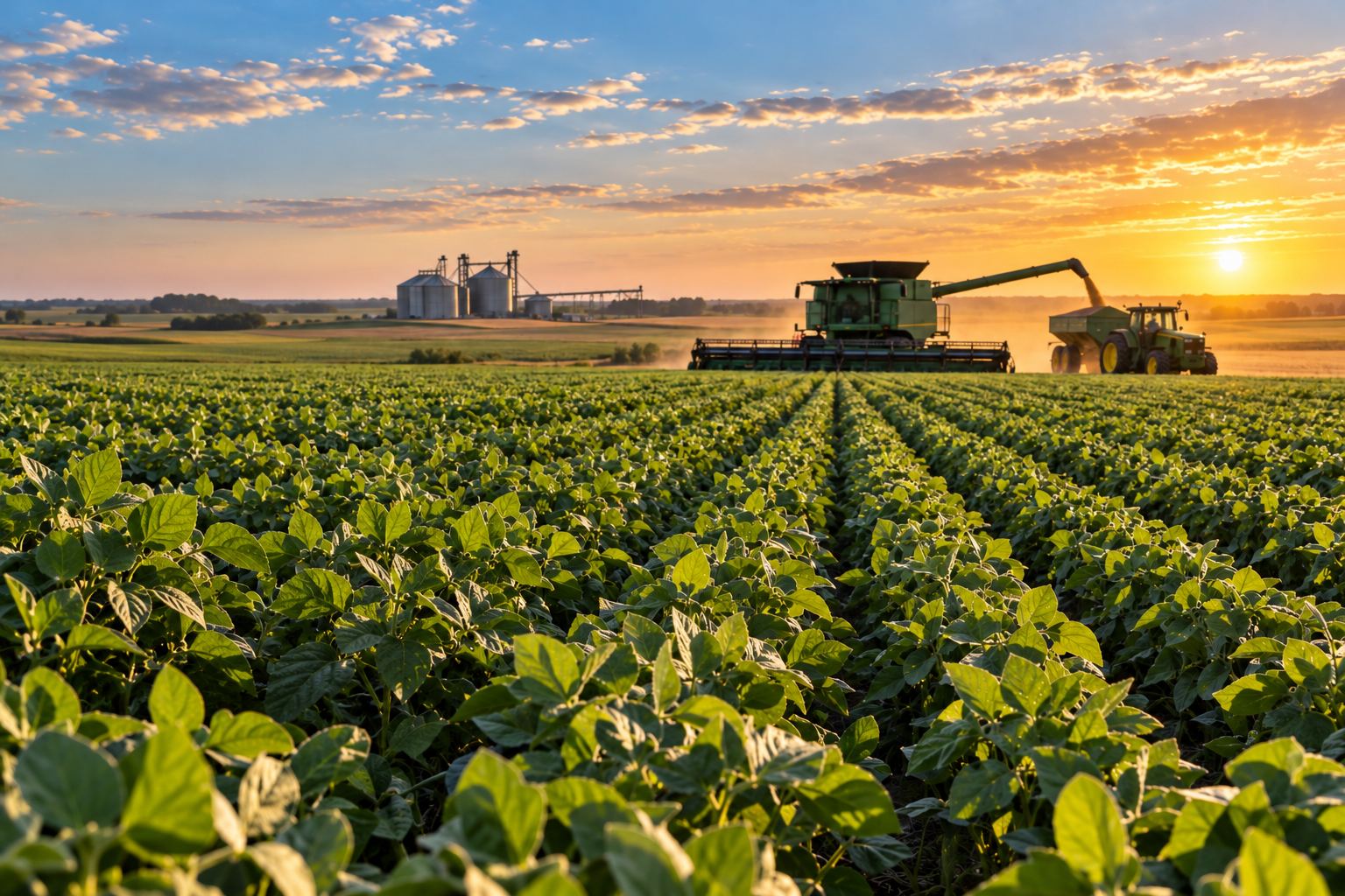 Sunset over a soybean field with a tractor and harvesting equipment in the distance.