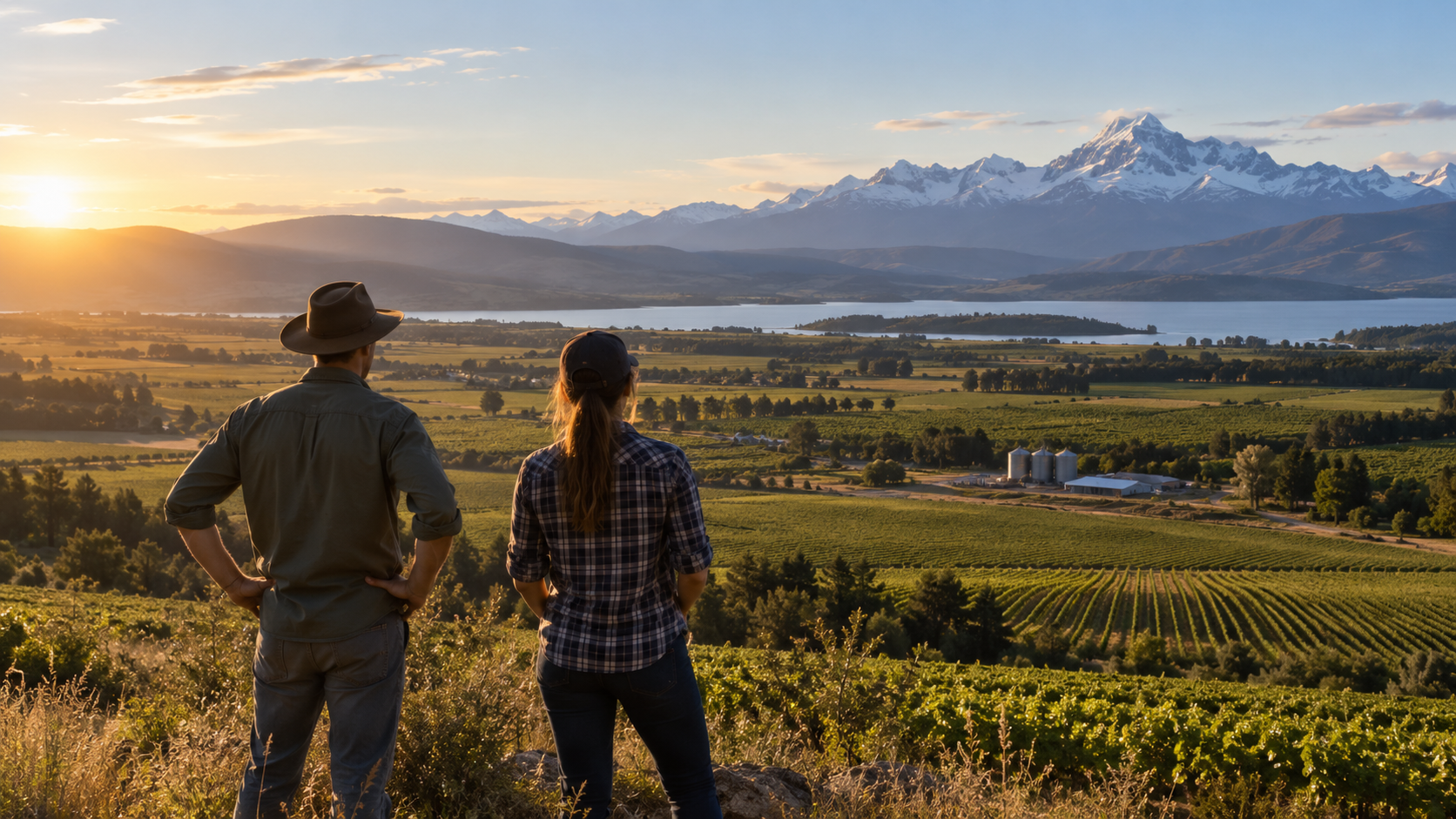 Two people, a man and a woman, are standing outdoors on a hill overlooking a panoramic landscape at sunset. The man wears a wide-brimmed hat and a long-sleeve shirt, and the woman wears a baseball cap and a plaid shirt. They are observing fields, a lake, and snow-capped mountains in the distance.