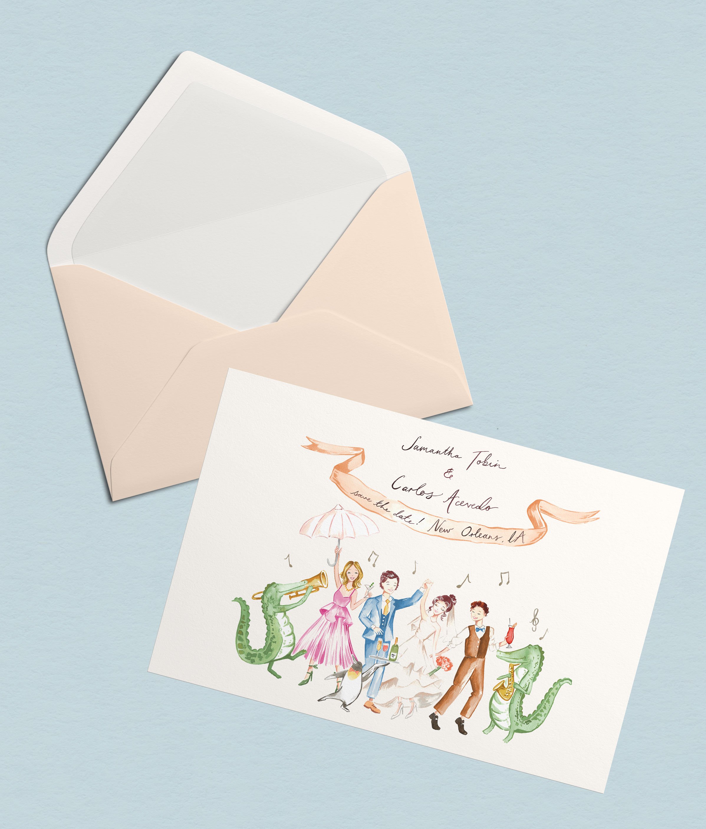 Save the date illustration dancing wedding guests, crocodiles playing the saxophone, and musical notes, as well as text including names and details of the wedding event.