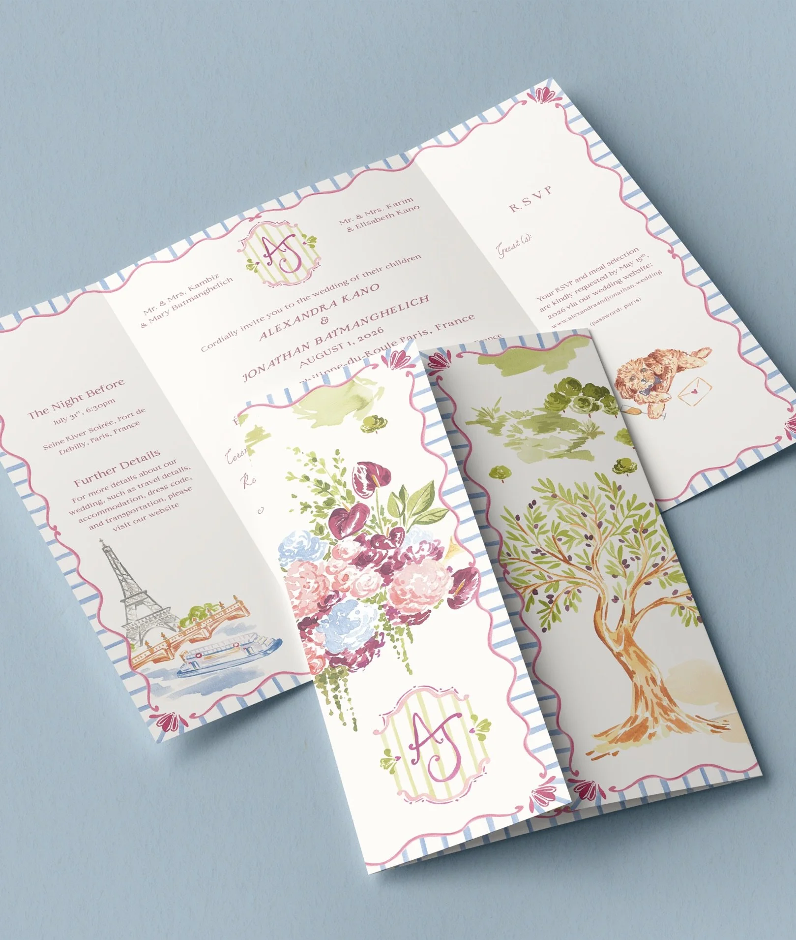 A Parisian inspired wedding invitation for Alexandra &amp; Jon 🤍

Including details such as the night before sunset cocktails along the Seine, the Sofreh table that was part of their Persian marriage ceremony, and their gorgeous dog Kenzo, which sti