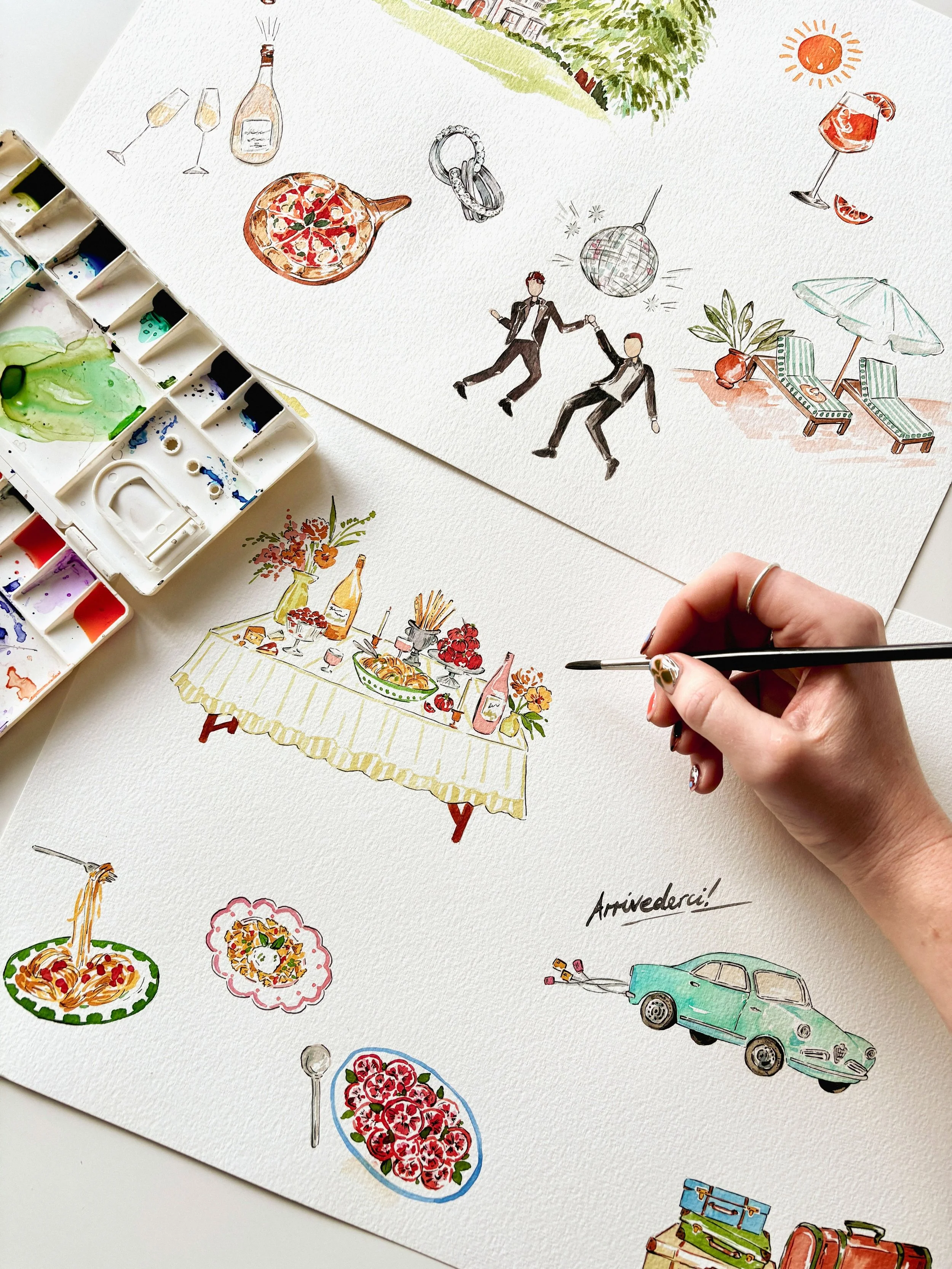 One of our favourite illustration sets, Italy themed and designed around each event of the couples wedding. 

Spritz and pizza, yes please 🍕 

We cover everything from single illustrations, to save-the-dates, to full wedding suites, we&rsquo;d love 