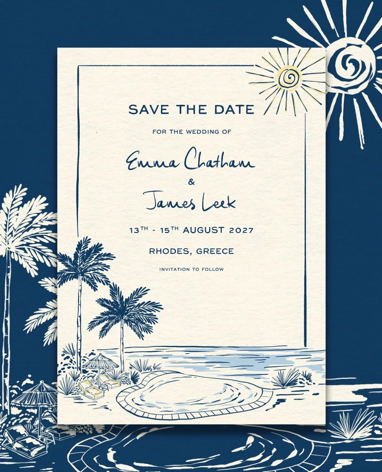 Greek inspired save the date design for E&amp;J 💙

Using deep blues and simple lines to transport their guests directly to the Mediterranean 🌀

#savethedatecards #travelillustration #poolsidevibes #greekwedding #weddingstationeryuk