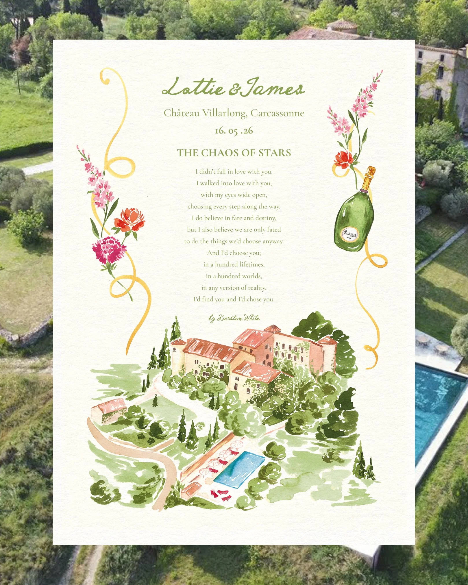A illustrated wedding poem with green and pink floral accents, a bottle of champagne, and a scenic overview of a large estate with a pool, trees, and pathway in the background.