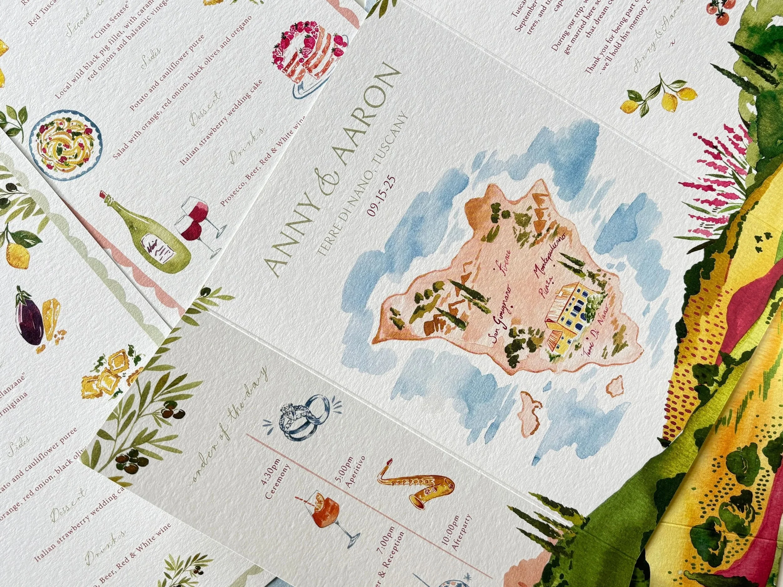 Colorful illustrated wedding menu featuring Italian dishes, maps of Italy, champagne, wine, and food icons, with decorative borders of herbs and flowers.