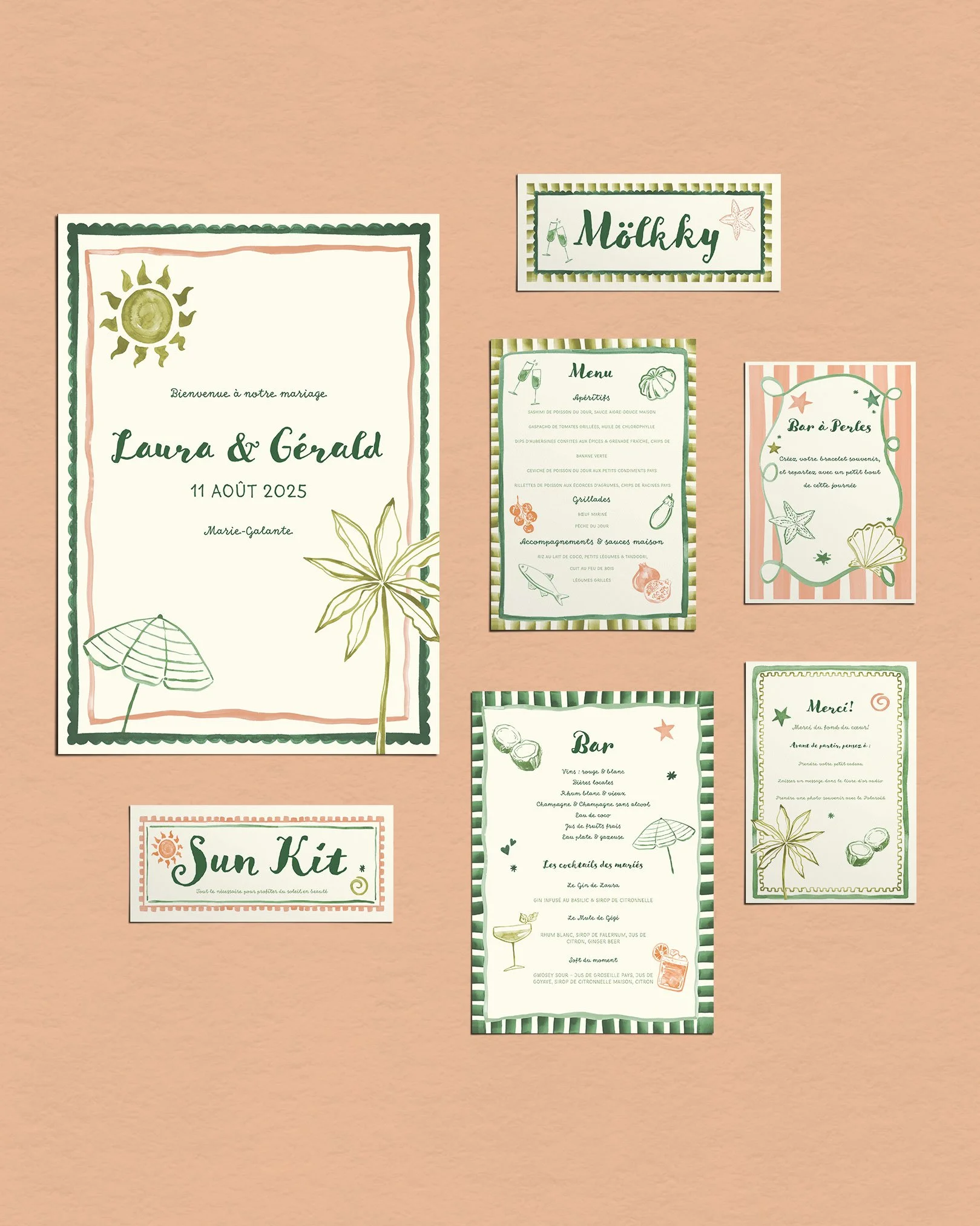 A collection of printed wedding and event menus, signs, and invitations with a summer and beach theme, featuring illustrations of the sun, umbrellas, seashells, starfish, and tropical drinks on a peach background.