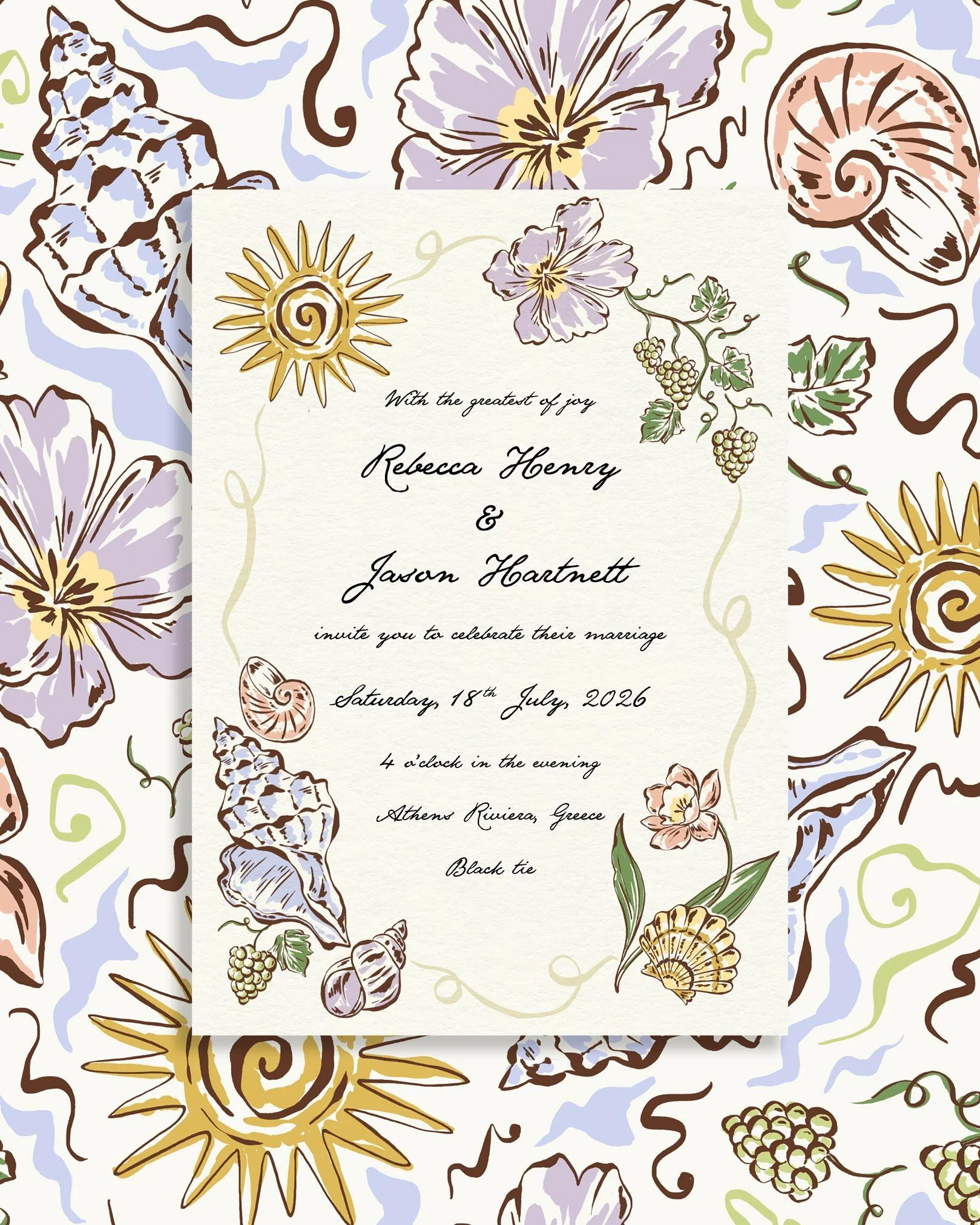A Greek inspired wedding invitation including, illustrated seashells, flowers, and sun motifs.
