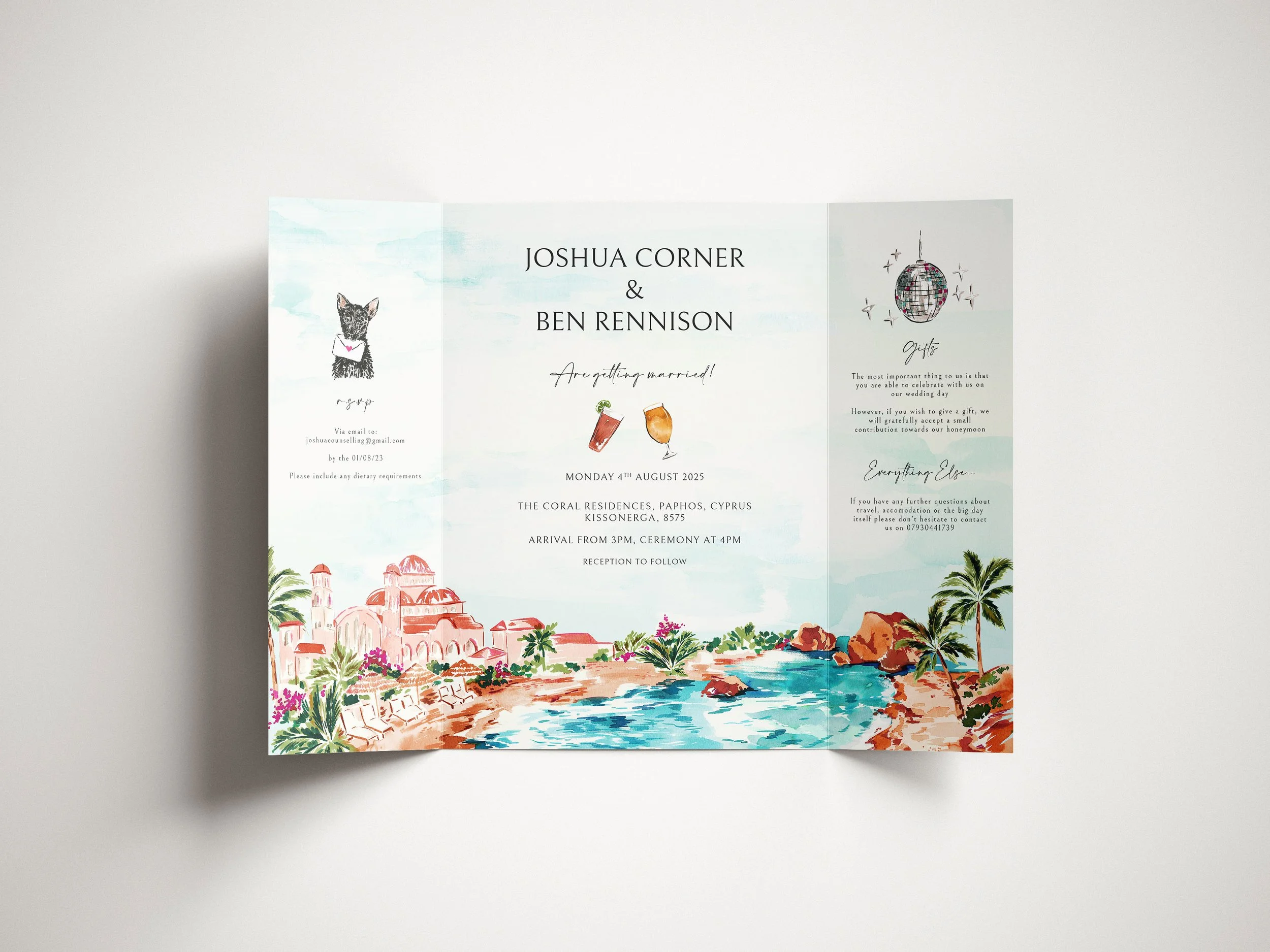 Wedding invitation card with illustrations of a dog, a disco ball, palm trees, the sea alongside text announcing a wedding date and location.