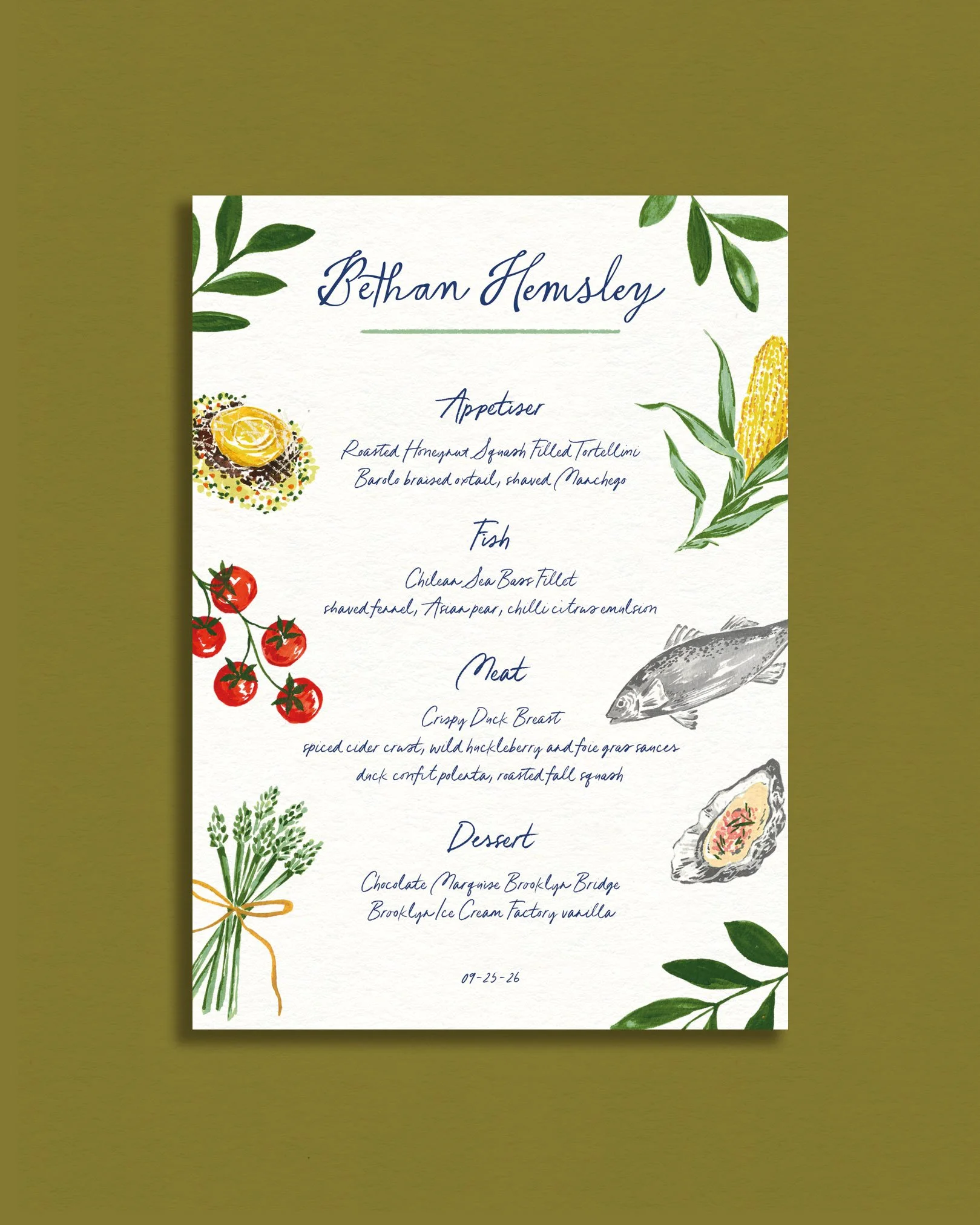 A wedding menu card with handwritten style text, surrounded by illustrations of herbs, vegetables, and seafood, listing dishes and a date at the bottom.