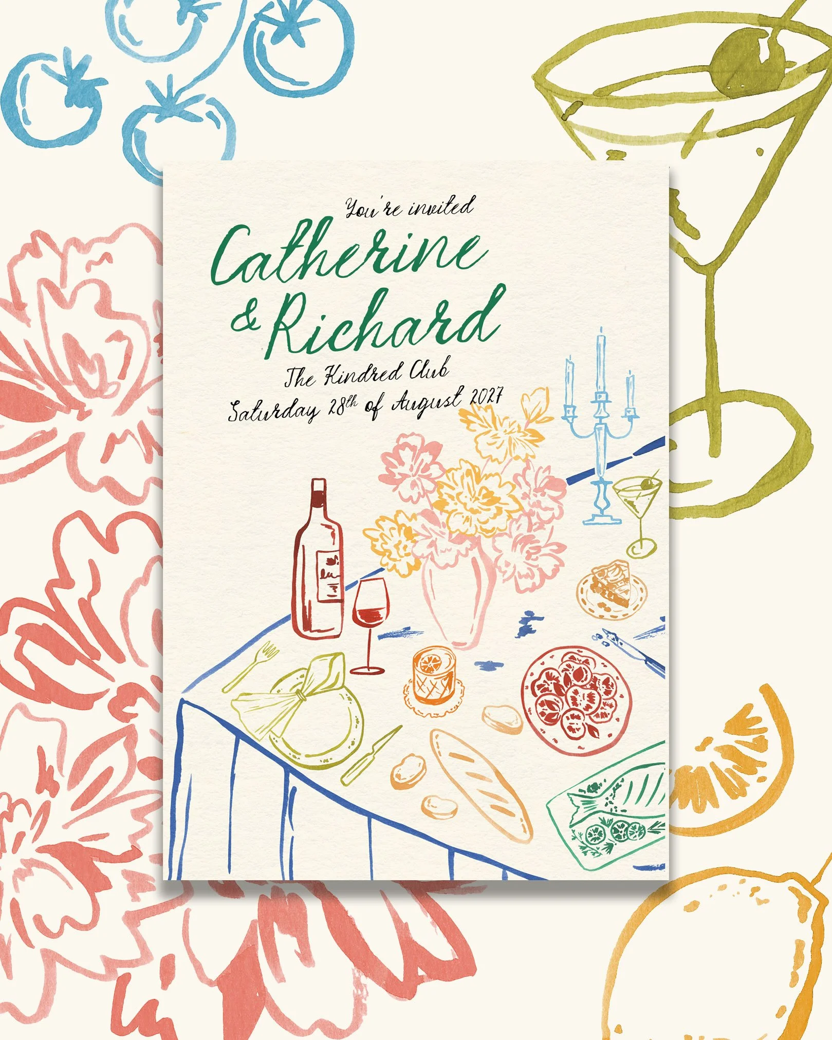 Wedding invitation card for a gathering, featuring colorful, minimalistic illustrations of food, drink, flowers, and party items.