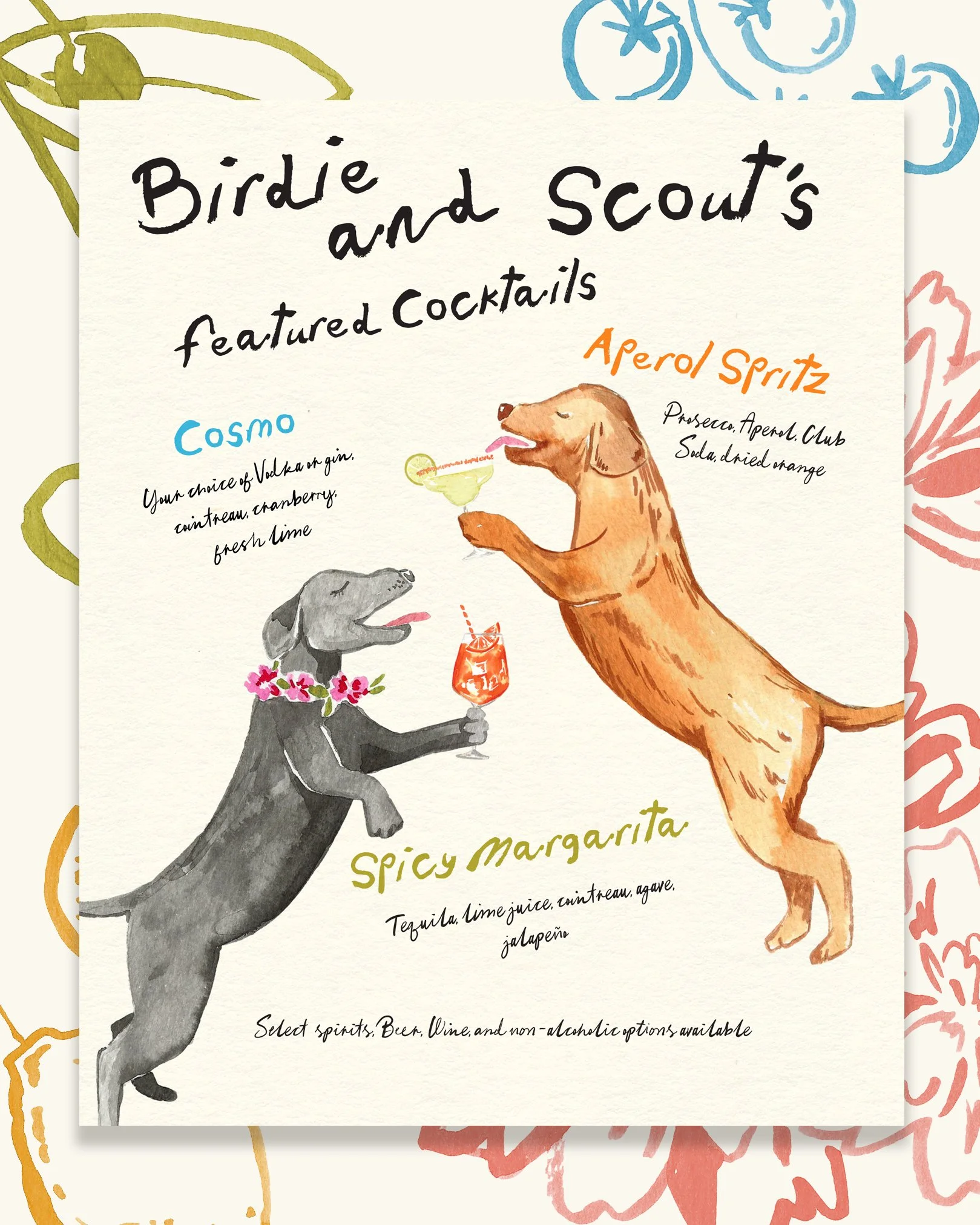 A colourful illustrated bar menu featuring artistic drawings of two dogs holding cocktails.