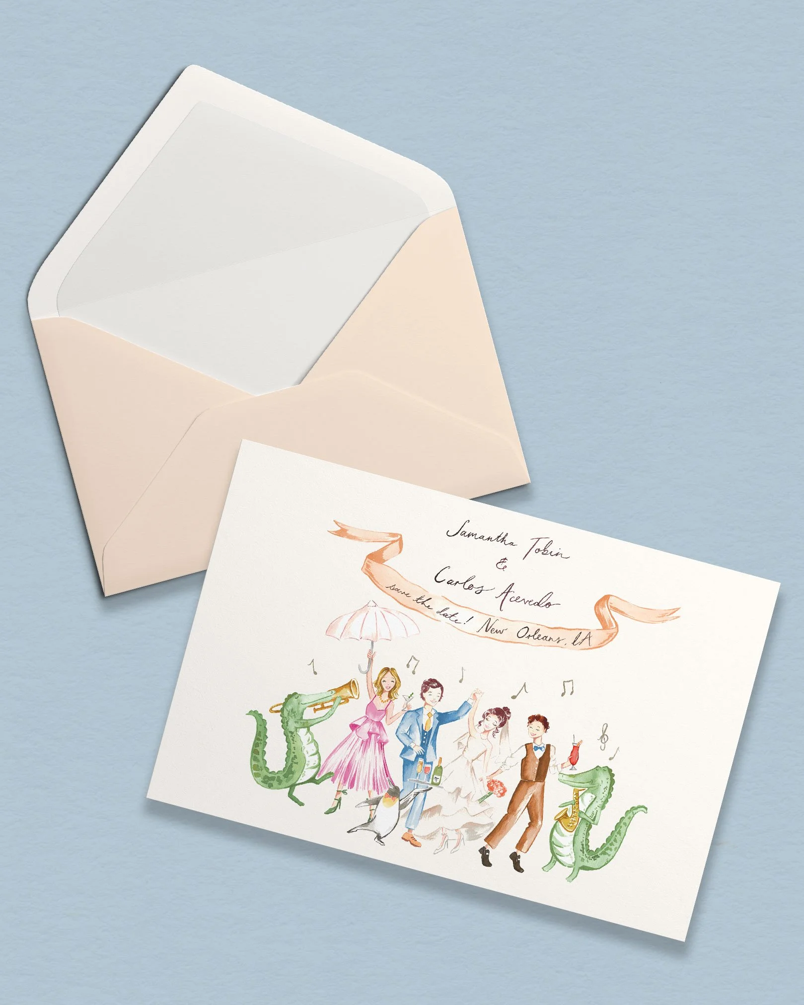 Save the date illustration dancing wedding guests, crocodiles playing the saxophone, and musical notes, as well as text including names and details of the wedding event.