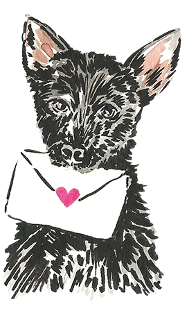 Illustration of a small dog holding an envelope with a pink heart on it.