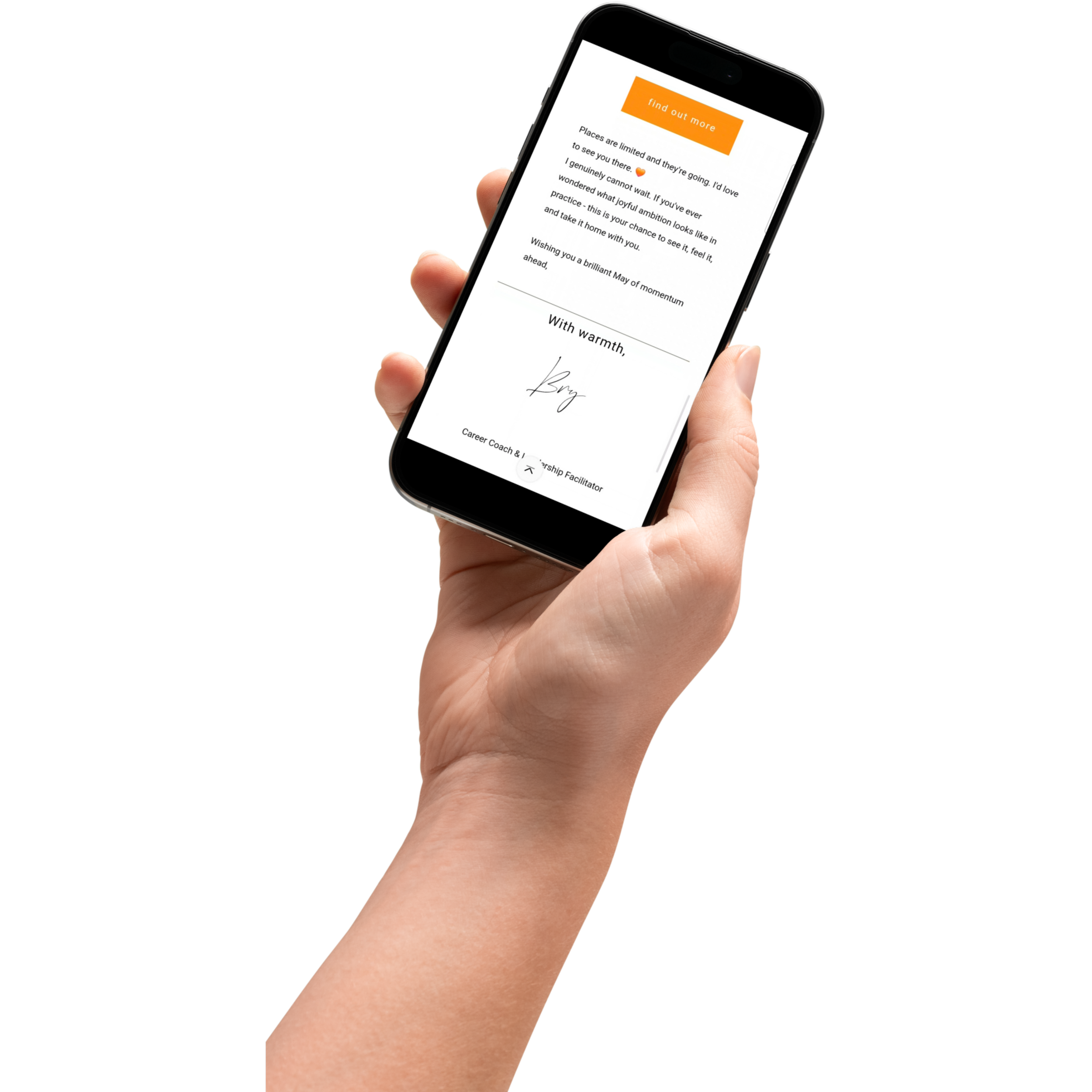 Close-up of a hand holding a smartphone displaying a letter on its screen.