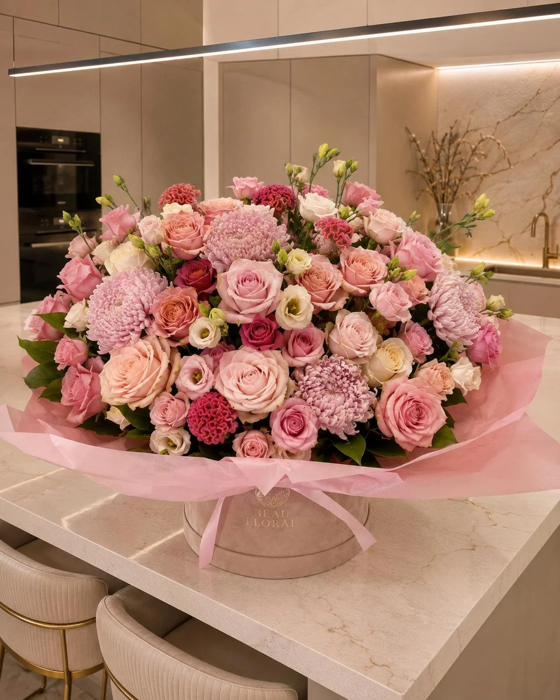 Luxury pink floral arrangement with roses, dahlias and seasonal flowers presented in a hatbox.