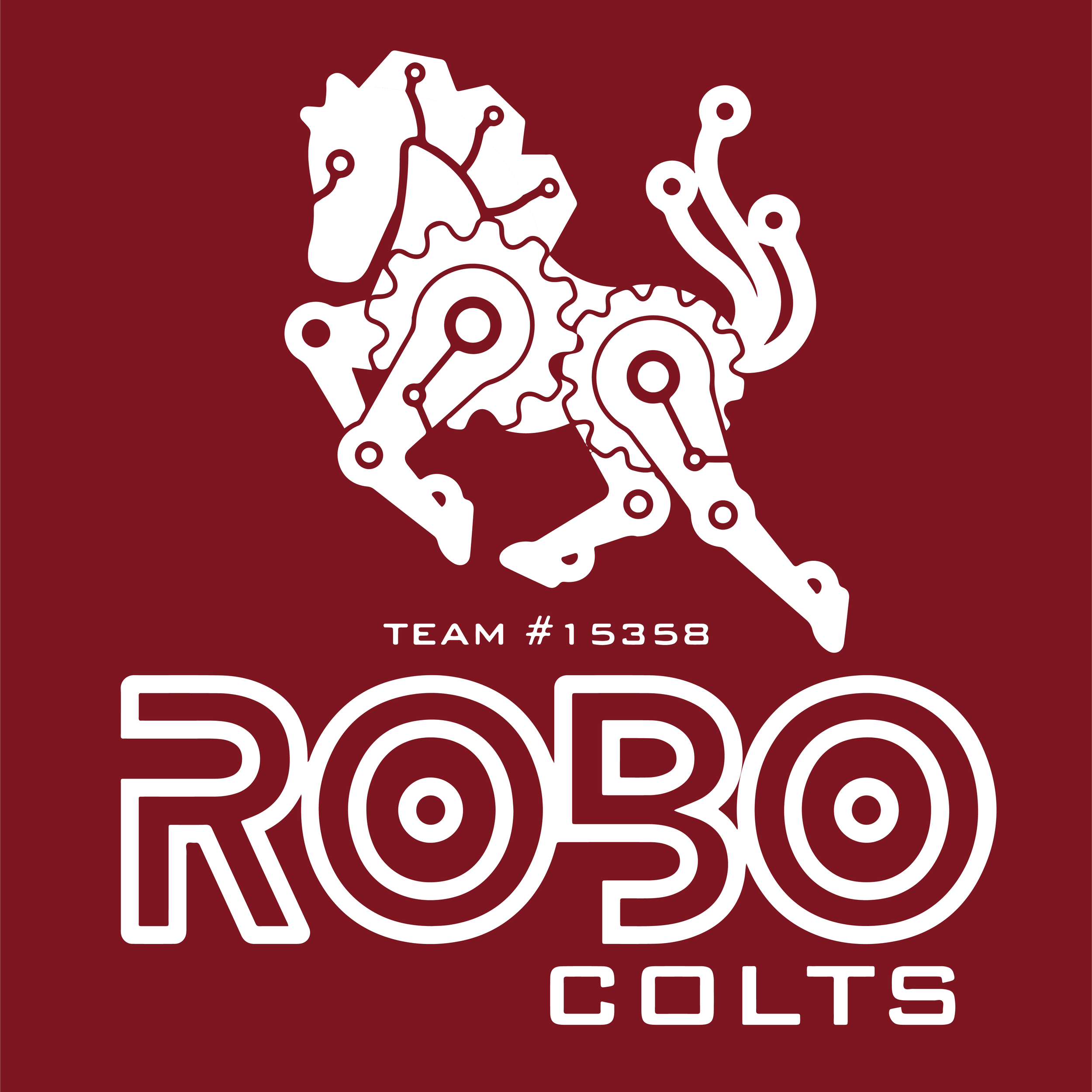 Graphic design with white outline of a horse made of gears on a red background, with the text 'Team #15358' and RoboColts written below.