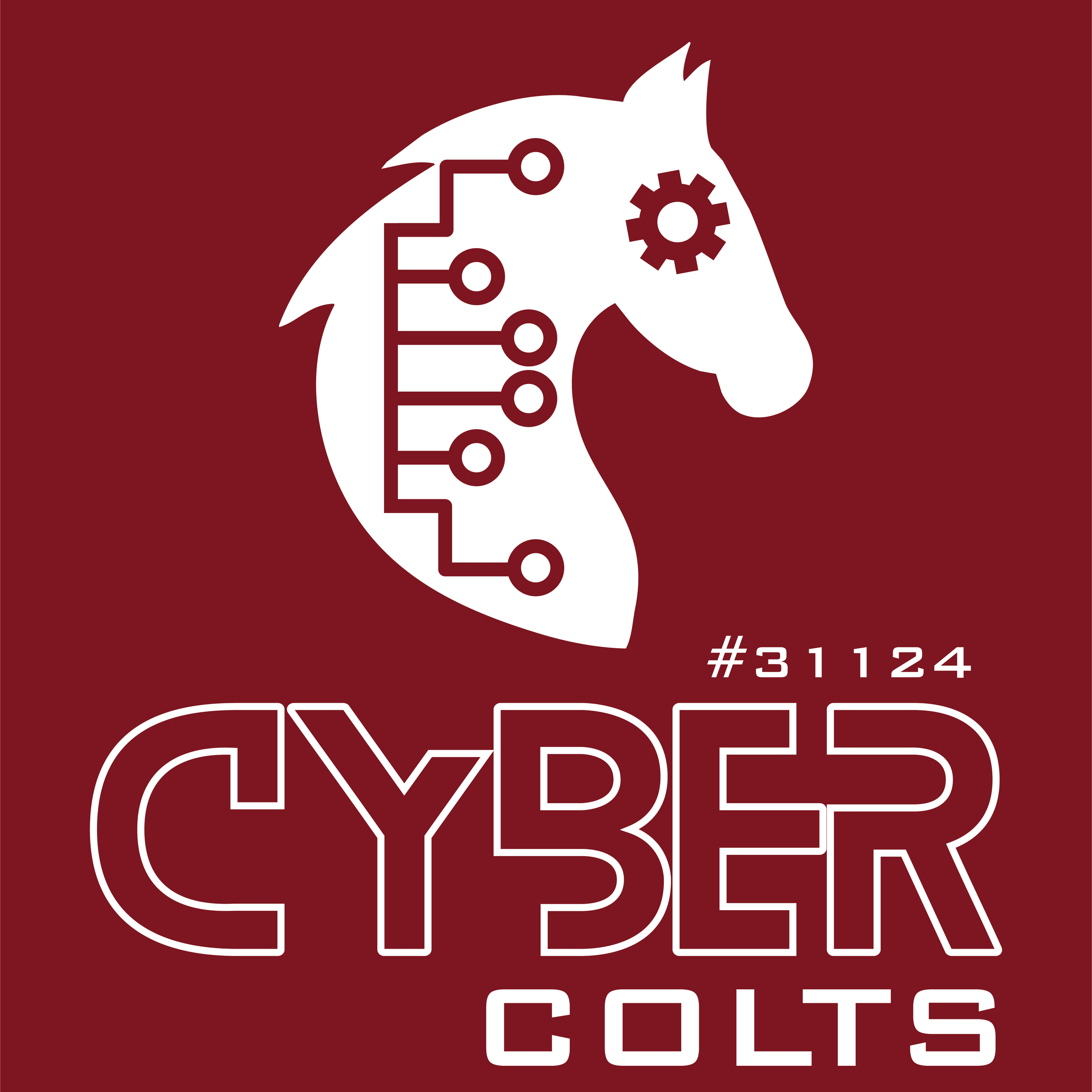 Graphic of a horse head with circuit lines and gears, representing Cyber Colts robotics team #31124