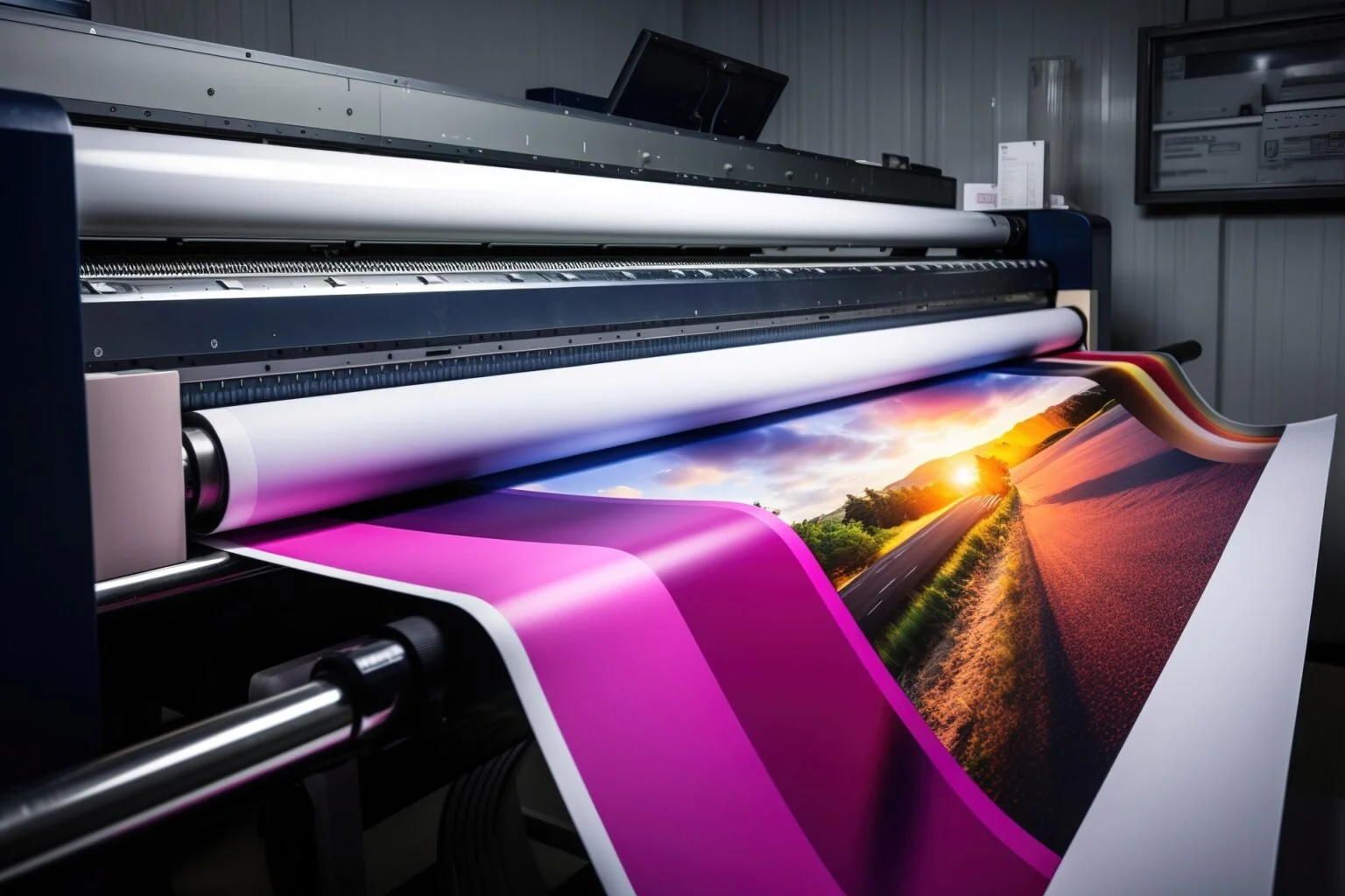 Large format printer printing a colorful landscape photo with sunset, trees, and a road.