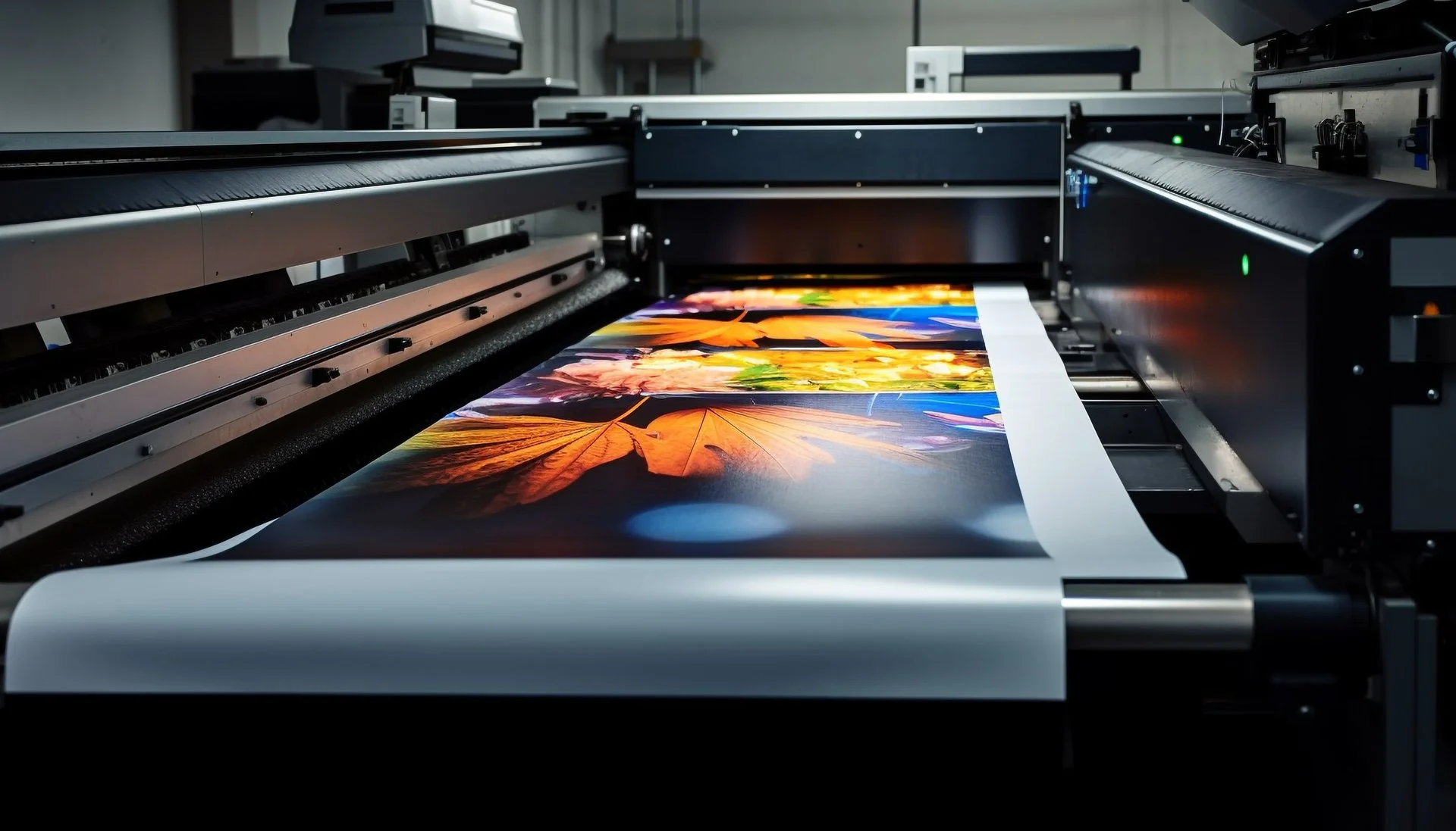 A large industrial printer printing vibrant, colorful images of leaves on a glossy sheet of paper.