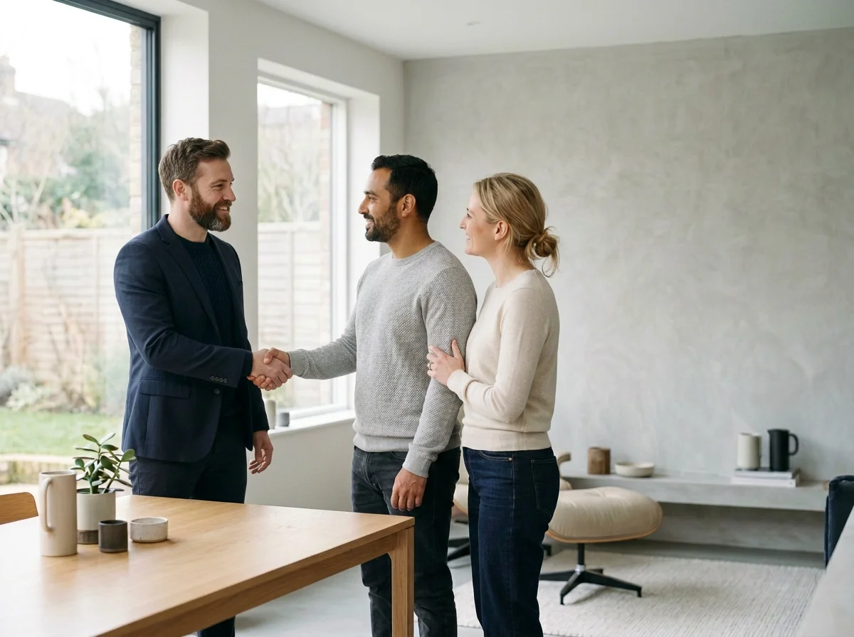 Two men shaking hands and smiling, with a woman standing beside them in a modern living room.