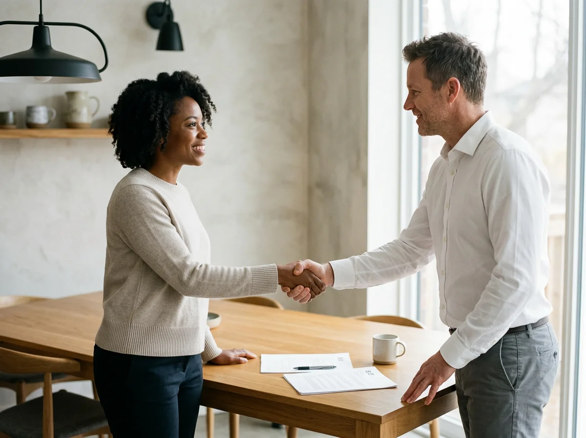 Two people shaking hands in a bright, modern room with a wooden table, papers, and coffee mugs.