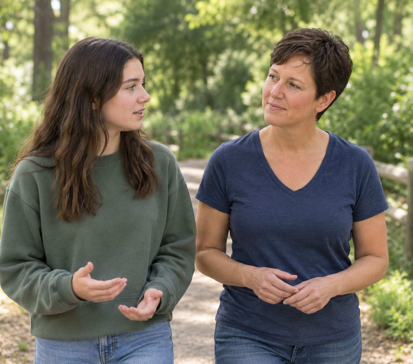 Counselor and a teenage girl living with ADHD engaged in nature therapy.