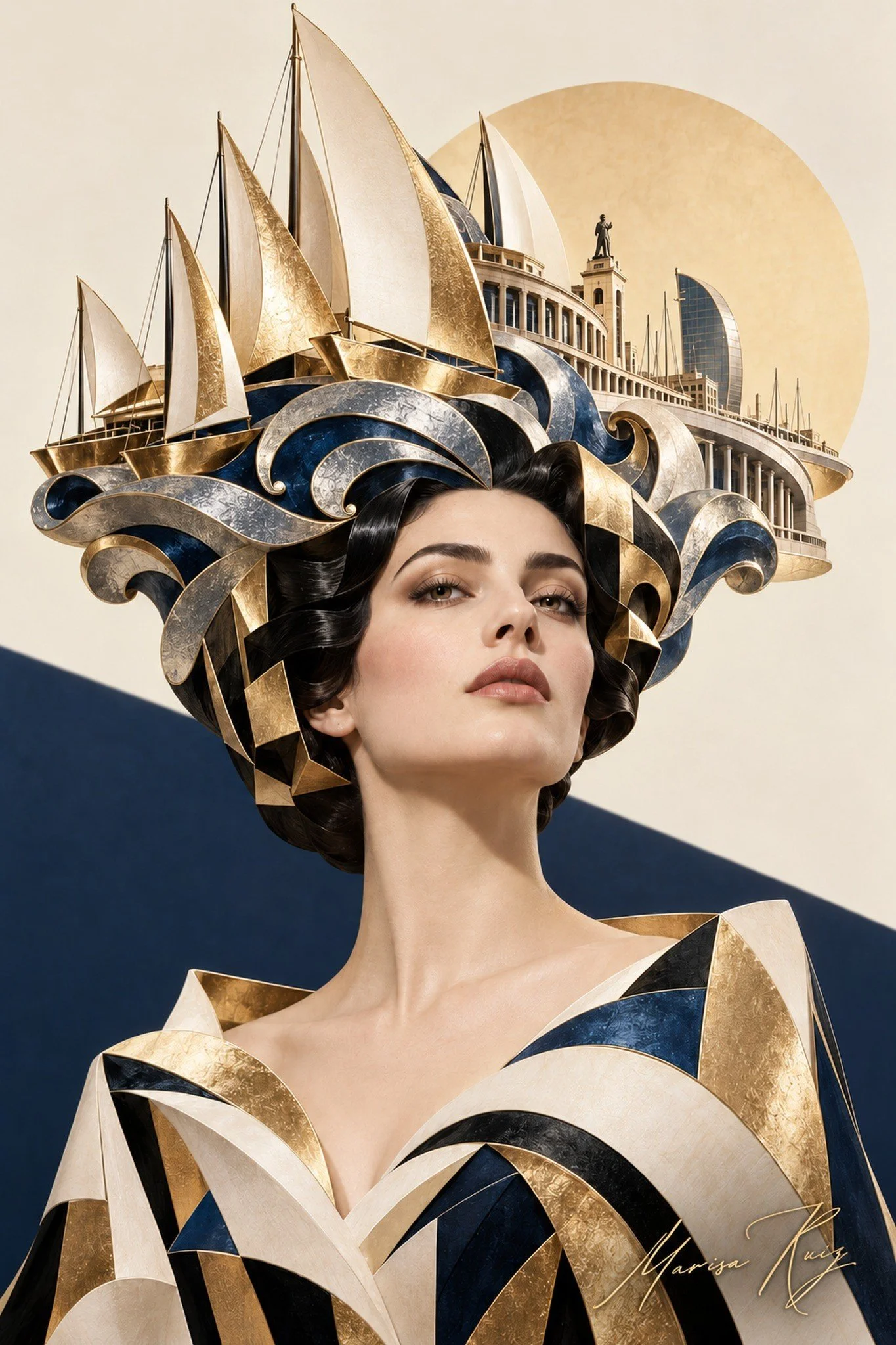 Queen of Barcelona — Mediterranean, by Marisa Ruiz. Portrait with a sculptural headdress of golden sailboats, waves and Barcelona architecture.
