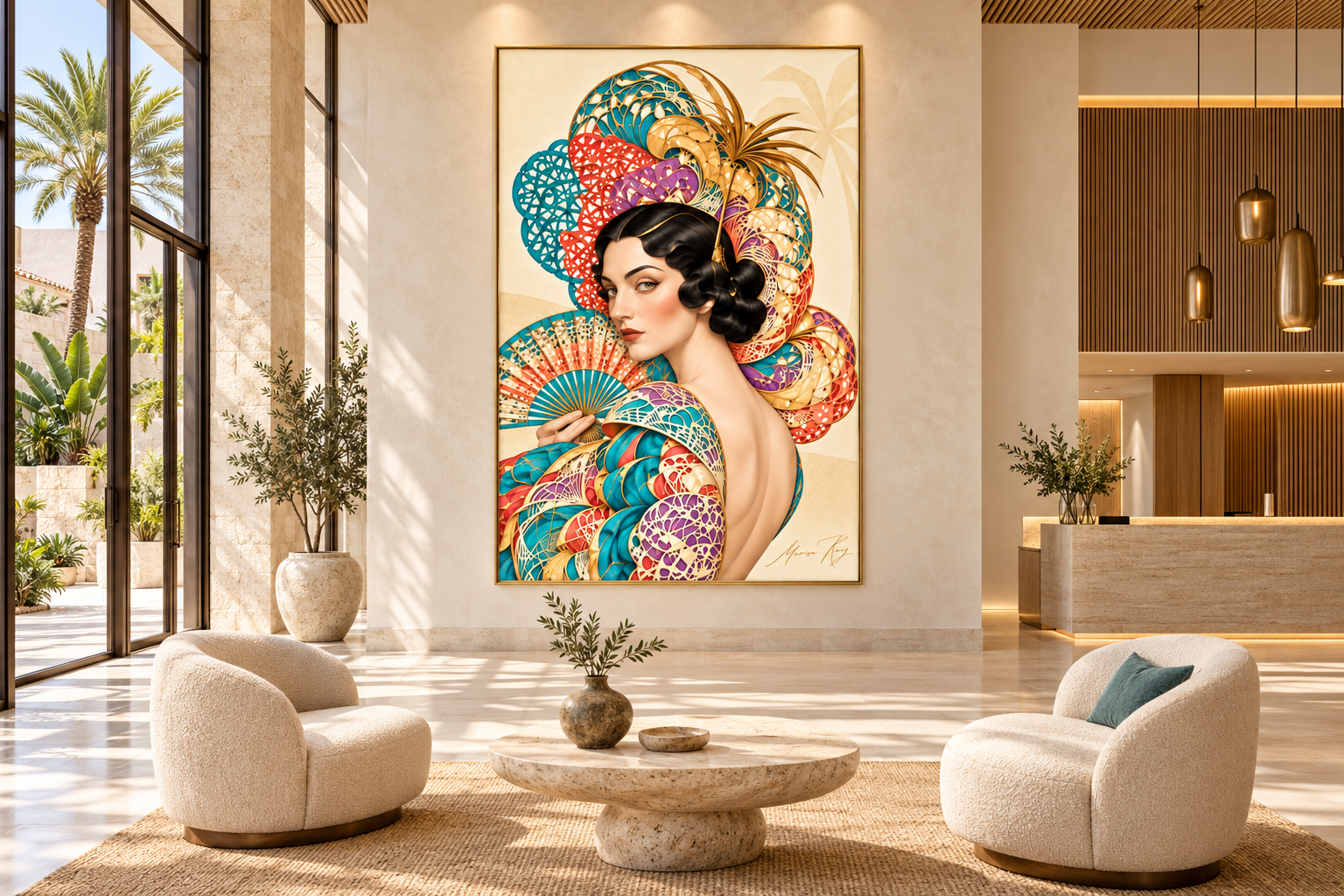 Canary Islands Queen — Sunlit hotel lobby
Inspired by the colours of island flowers and Canarian traditions, this queen combines Art Deco elegance with cubist detail. Turquoise, coral and gold bring warmth and a vibrant focal point to the sunlit lobb
