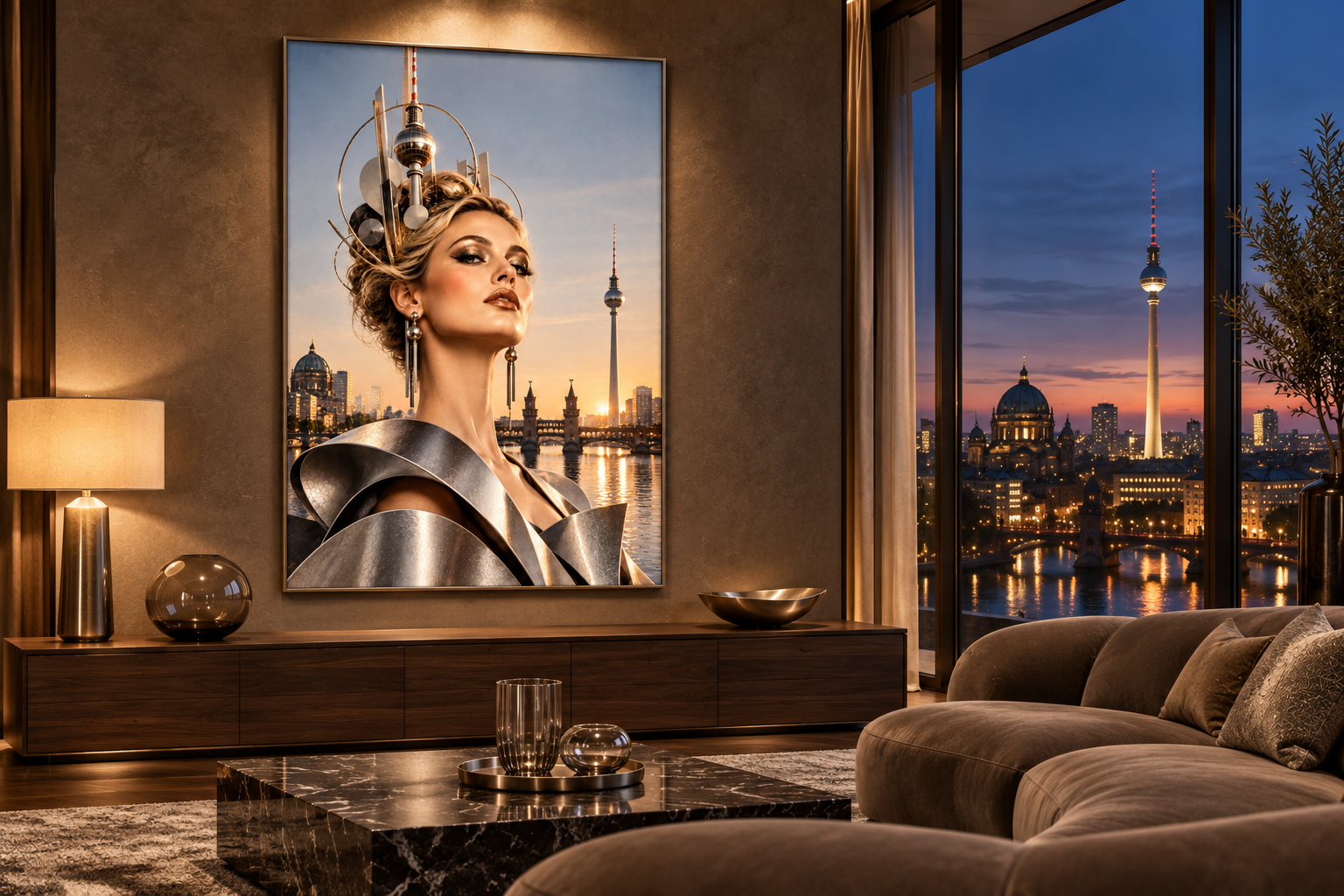 Queen of the Fernsehturm — Penthouse at dusk
Silver tones and warm highlights bring a quiet glow to this intimate interior. Architectural forms add depth and perspective. View artwork →