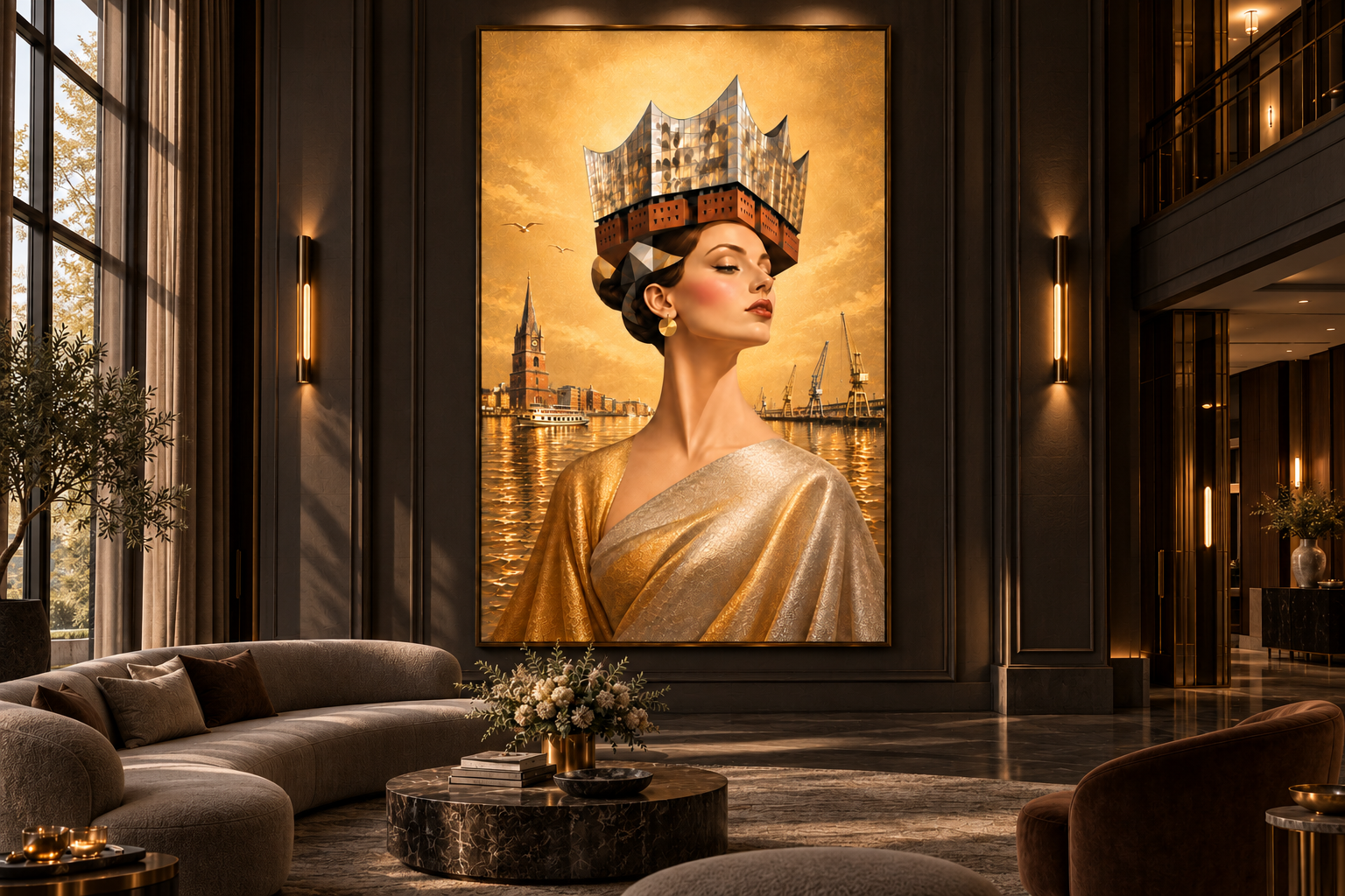 The Golden Queen of Hamburg — Luxury salon
Golden tones bring warmth and a luminous presence to this dark interior. Architectural details create a striking sense of depth. View artwork →