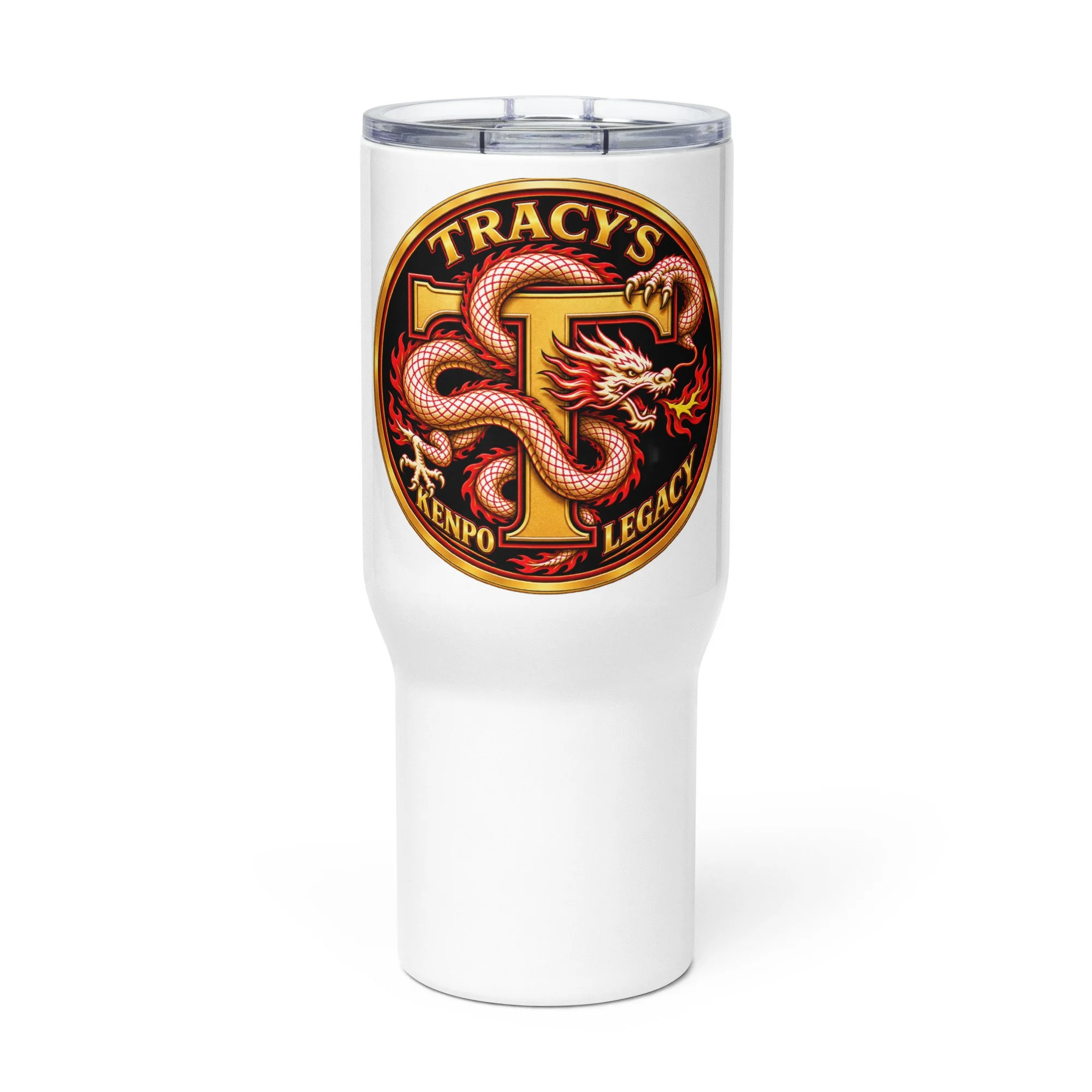 White 25 oz Tracy’s Kenpo Legacy travel tumbler with a clear lid and dragon logo, front view.