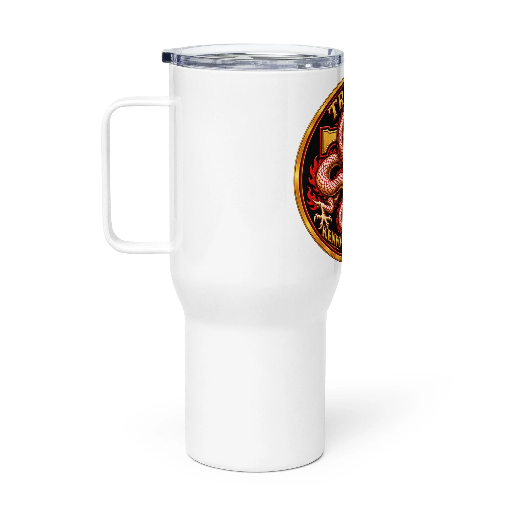 White 25 oz Tracy’s Kenpo Legacy travel tumbler, side view with the handle on the left.