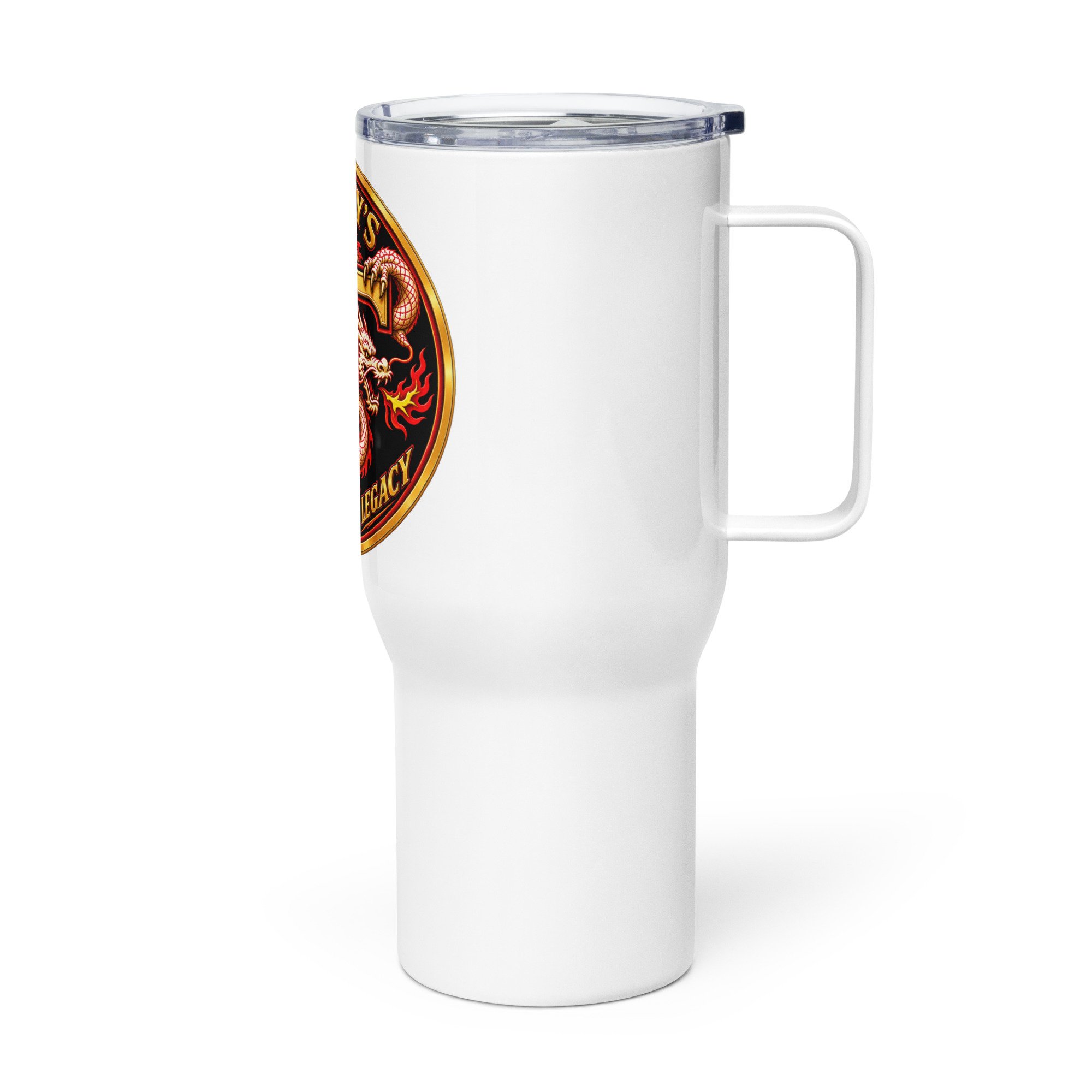 White 25 oz Tracy’s Kenpo Legacy travel tumbler, side view with the handle on the right.