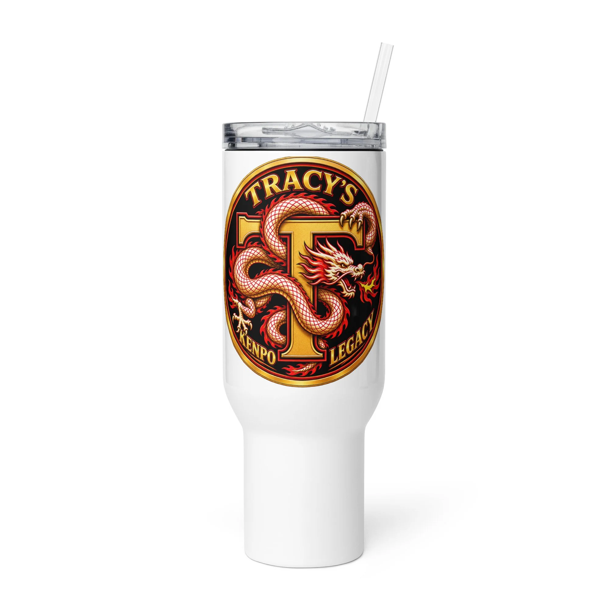 White 40 oz Tracy’s Kenpo Legacy travel tumbler with a straw, clear lid and dragon logo, front view.