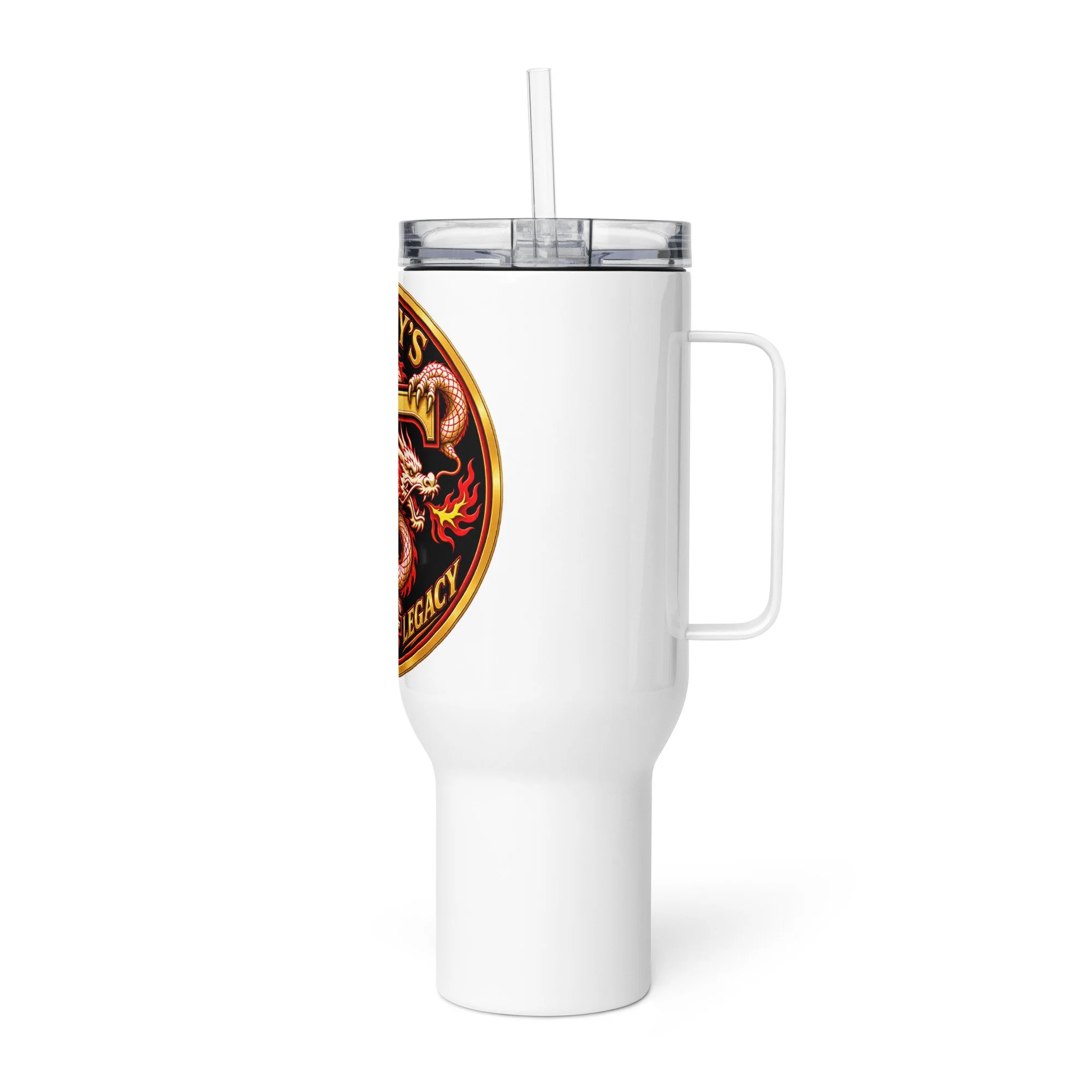 White 40 oz Tracy’s Kenpo Legacy travel tumbler with a straw, side view with the handle on the right.
