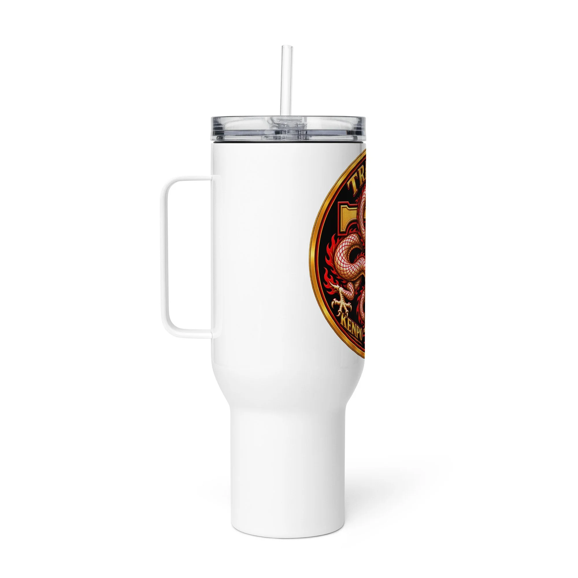 White 40 oz Tracy’s Kenpo Legacy travel tumbler with a straw, side view with the handle on the left.