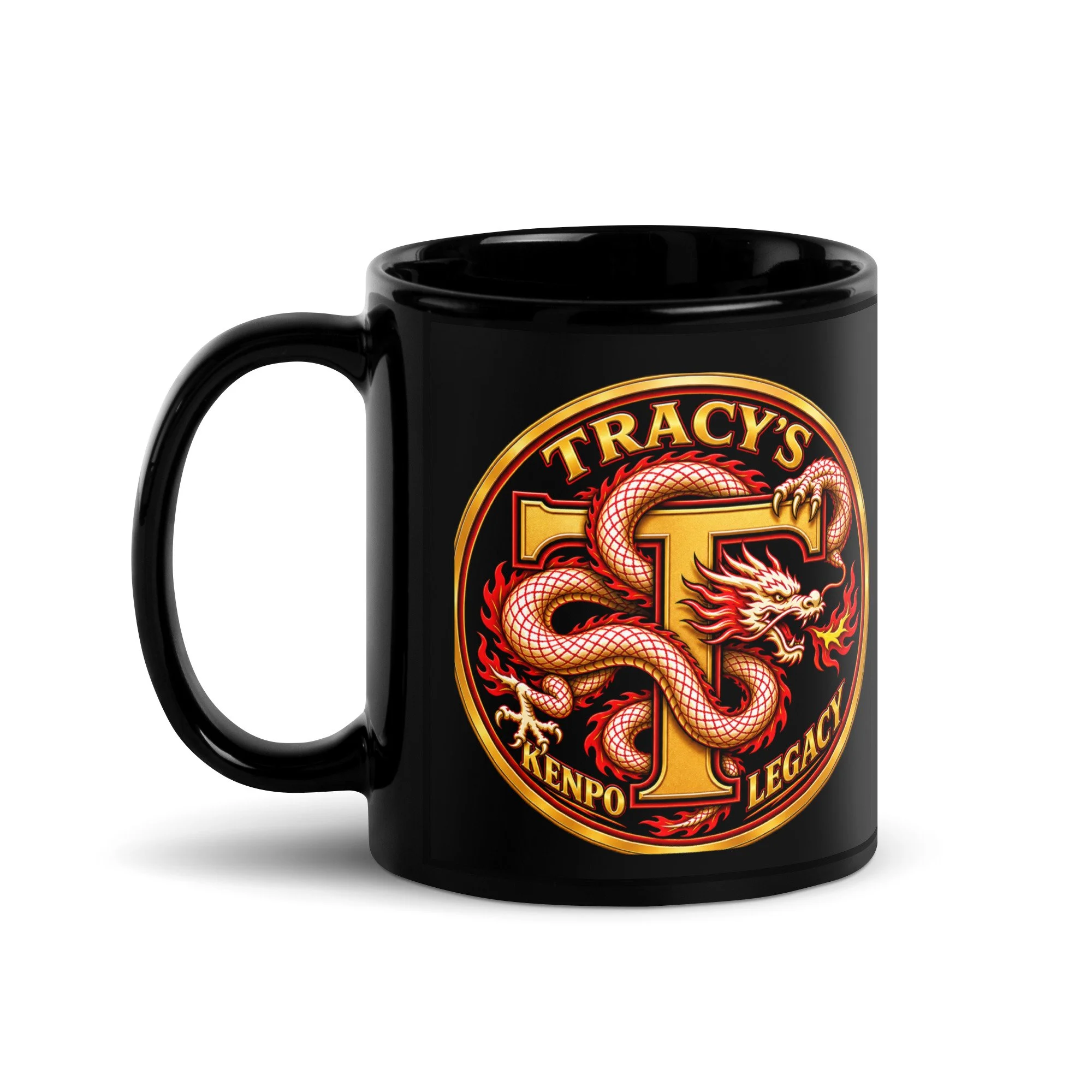 11 oz Tracy’s Kenpo Legacy black mug with the dragon logo facing forward and the handle on the left.