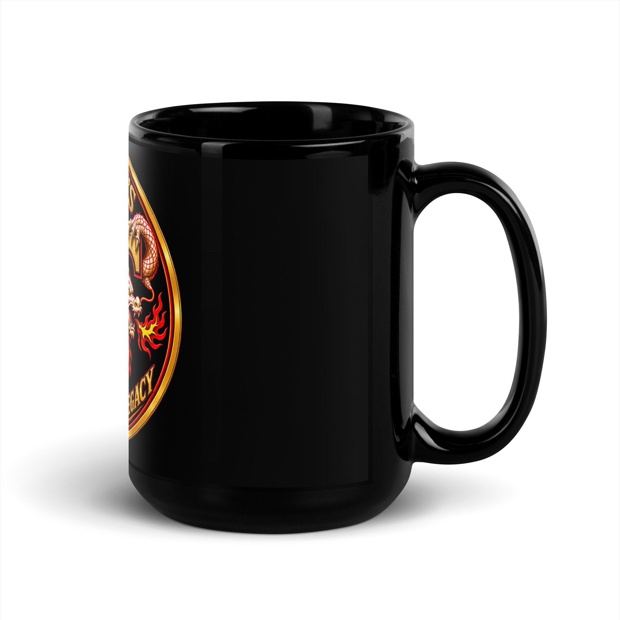 15 oz Tracy’s Kenpo Legacy black mug with the handle on the right and the dragon logo partly visible.